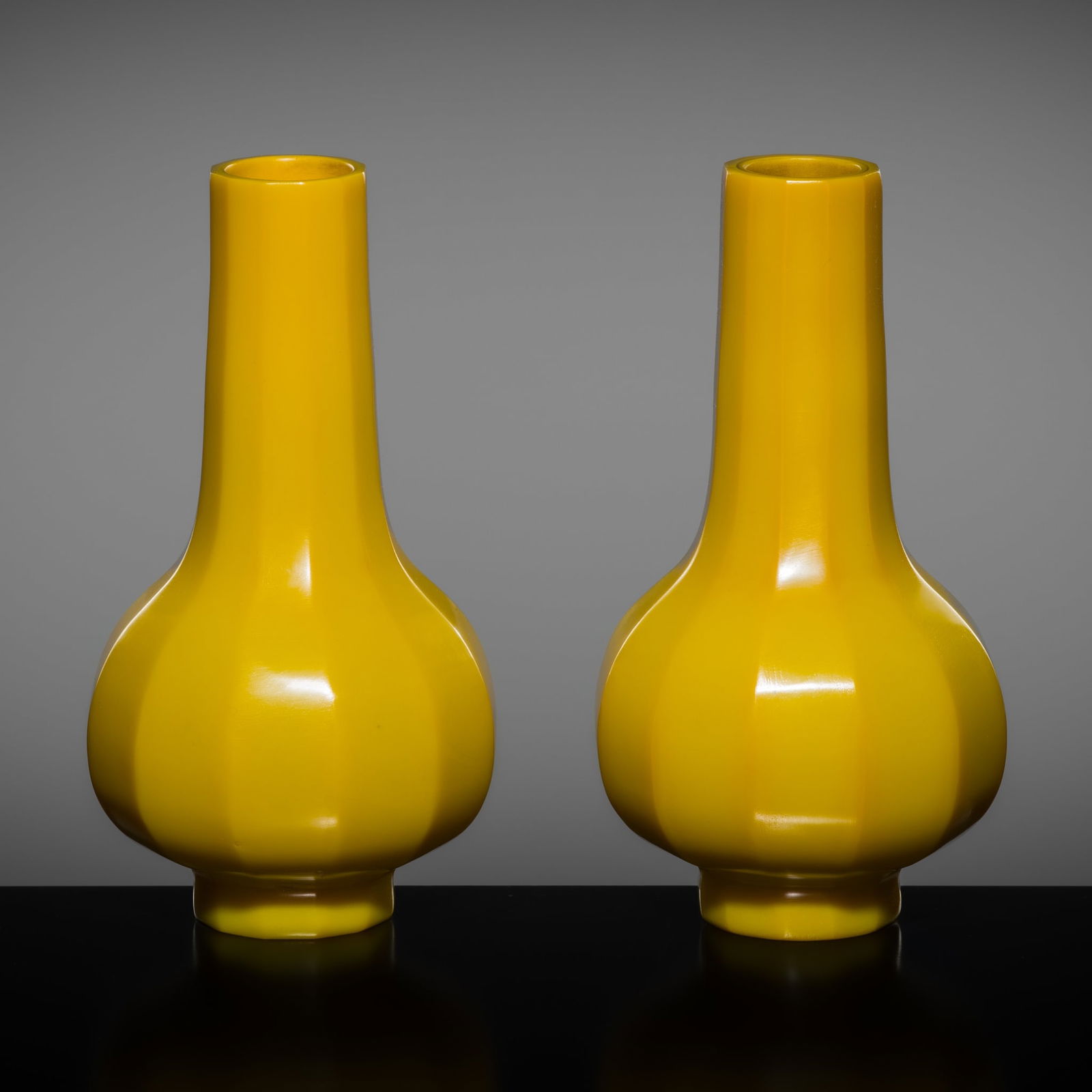 A PAIR OF LEMON-YELLOW GLASS BOTTLE VASES, JUREN TANG MARK, EARLY 20TH CENTURY (1 of 14)