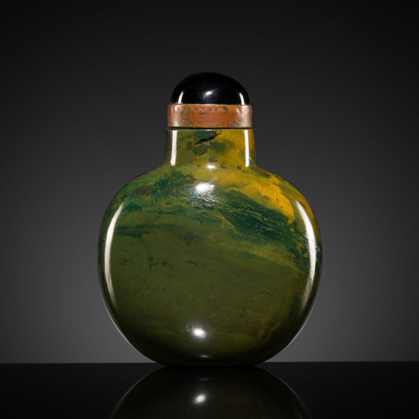 A FINE JASPER SNUFF BOTTLE, CHINA, 18TH TO EARLY 19TH CENTURY: A FINE JASPER SNUFF BOTTLE, CHINA, 18TH TO EARLY 19TH CENTURY Large in size and well hollowed through a rather small opening, of flattened globular form with a tubular neck and flat lip, raised