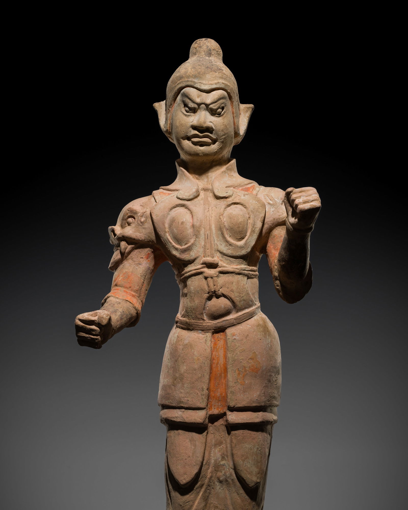 A LARGE PAINTED POTTERY FIGURE OF A WARRIOR, TANG DYNASTY (1 of 20)