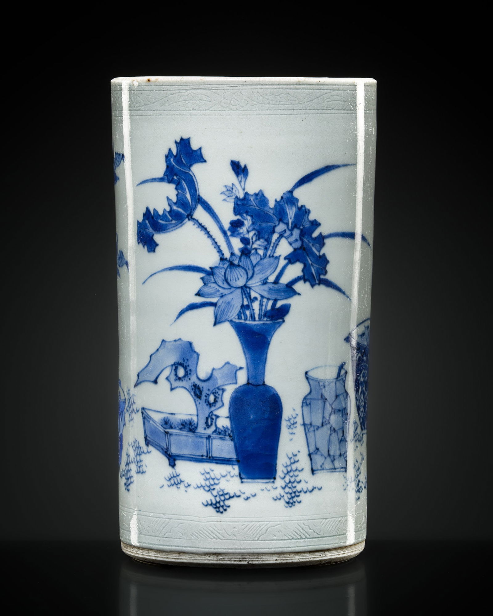 AN INCISED BLUE AND WHITE 'ANTIQUE TREASURES' BRUSH POT, BITONG, TRANSITIONAL PERIOD, TL TESTED (1 of 14)