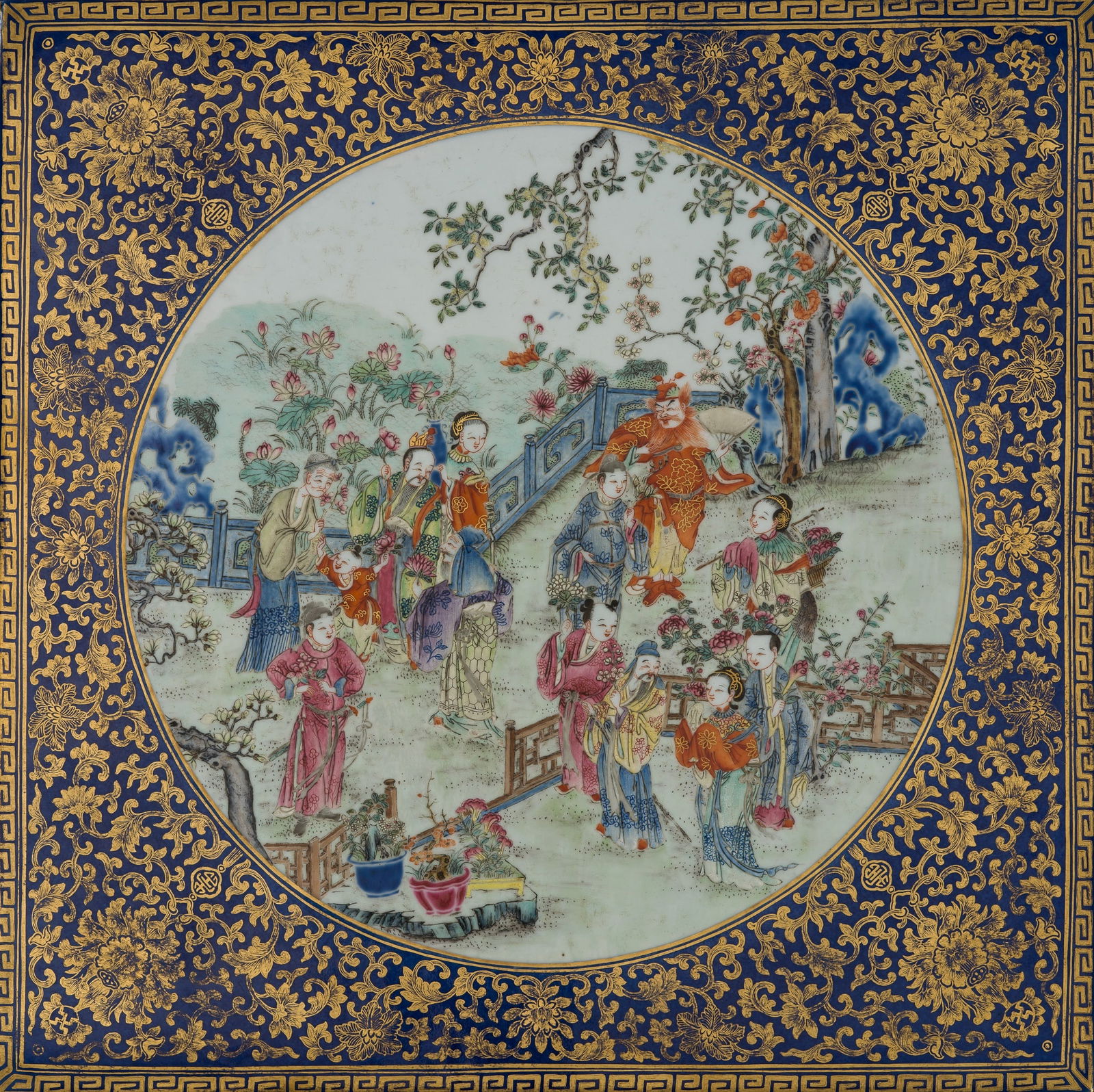 A SUPERB GILT, FAMILLE-ROSE, AND POWDER-BLUE 'EIGHT IMMORTALS' PLAQUE, 18TH-19TH CENTURY: A SUPERB GILT, FAMILLE-ROSE, AND POWDER-BLUE 'EIGHT IMMORTALS' PLAQUE, 18TH-19TH CENTURY China. The square plaque is finely decorated in famille rose enamels with a central roundel depicting thirteen