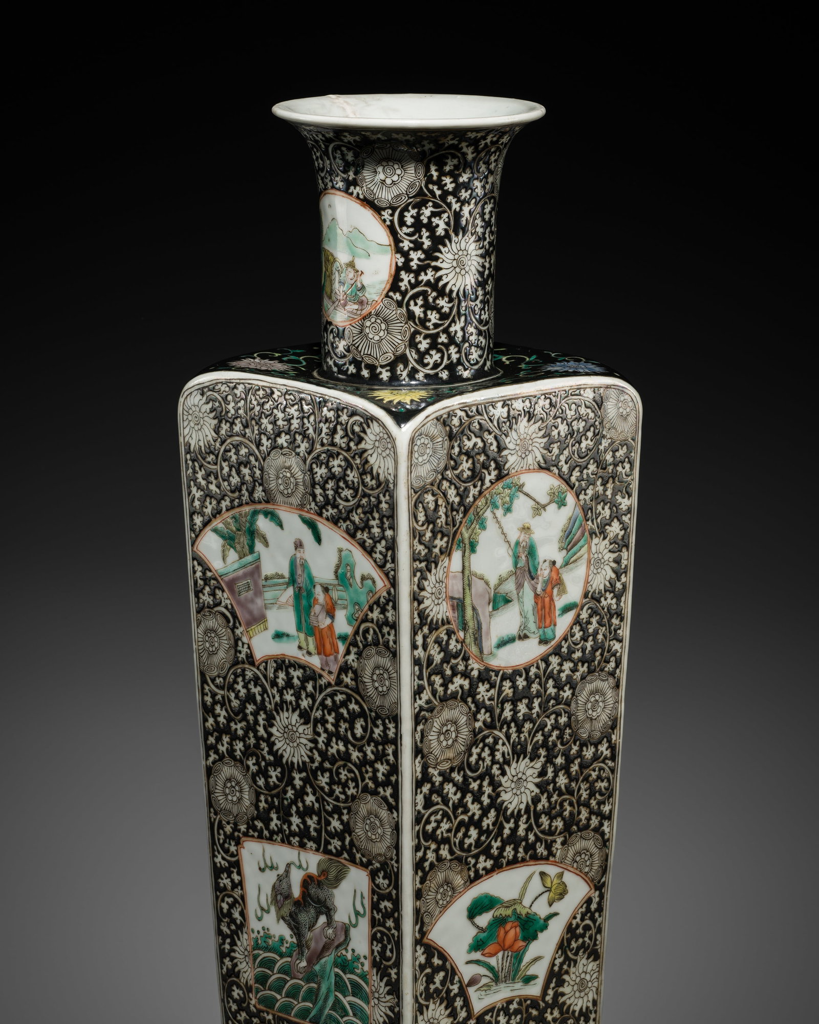 A BEAUTIFUL FAMILLE-NOIRE SQUARE BALUSTER VASE, 19TH CENTURY: A BEAUTIFUL FAMILLE-NOIRE SQUARE BALUSTER VASE, 19TH CENTURY China. Of square cross section, tapering toward the foot, and surmounted by a trumpet neck with slightly sloping shoulders. The vase is