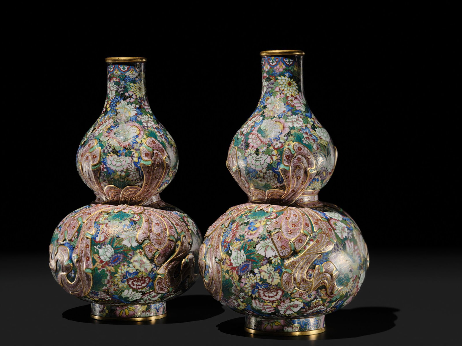 A PAIR OF GILT BRONZE AND CLOISONNÉ ENAMEL 'SASH-TIED DOUBLE GOURD' VASES - 15