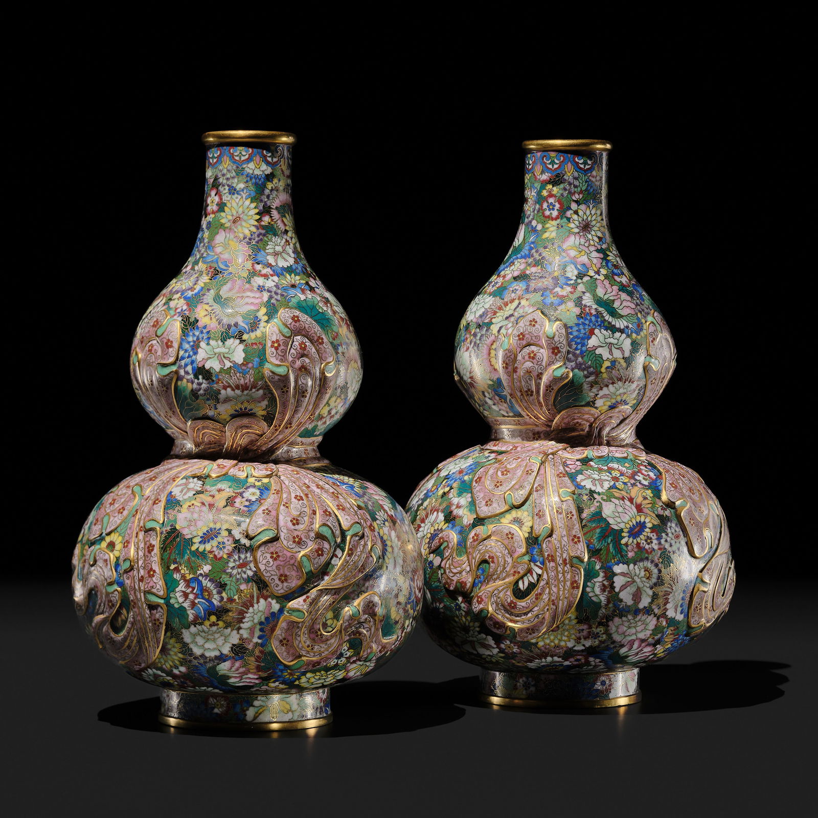 A PAIR OF GILT BRONZE AND CLOISONNÉ ENAMEL 'SASH-TIED DOUBLE GOURD' VASES (1 of 20)