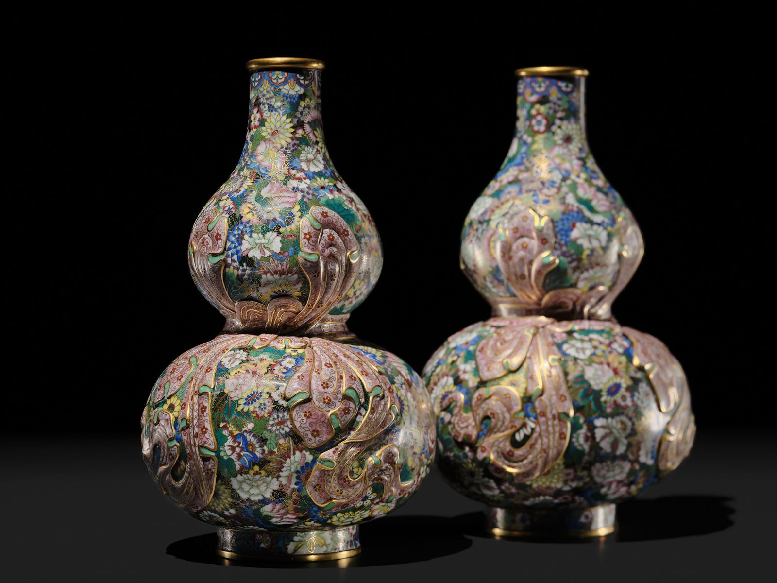 A PAIR OF GILT BRONZE AND CLOISONNÉ ENAMEL 'SASH-TIED DOUBLE GOURD' VASES - 2
