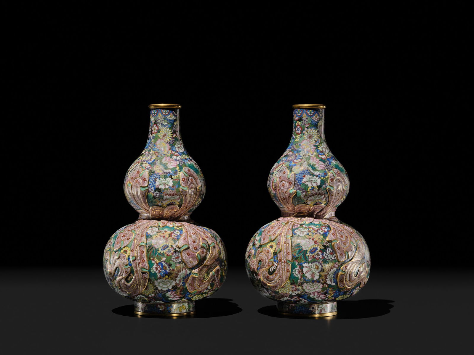 A PAIR OF GILT BRONZE AND CLOISONNÉ ENAMEL 'SASH-TIED DOUBLE GOURD' VASES - 3