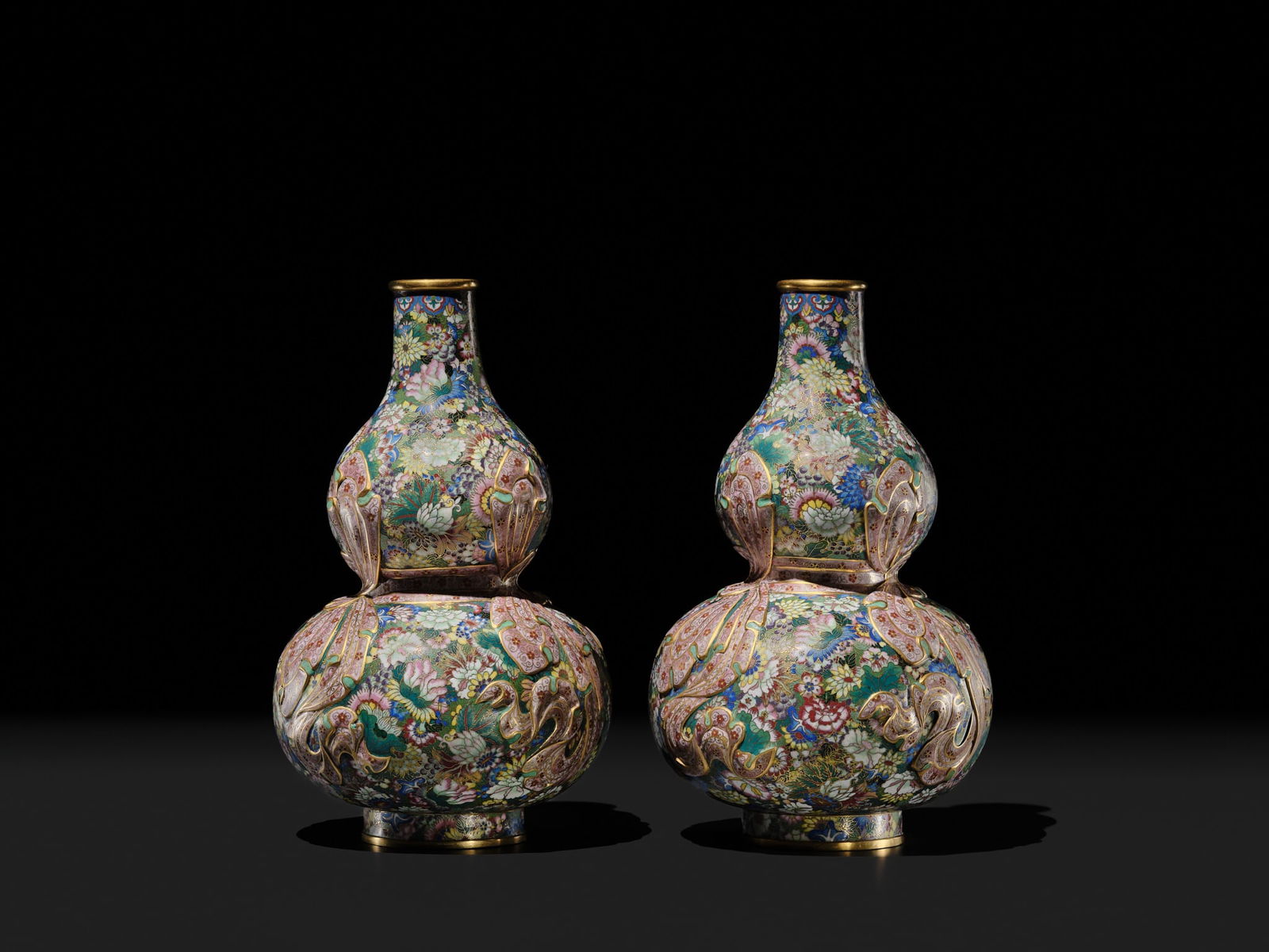 A PAIR OF GILT BRONZE AND CLOISONNÉ ENAMEL 'SASH-TIED DOUBLE GOURD' VASES - 7