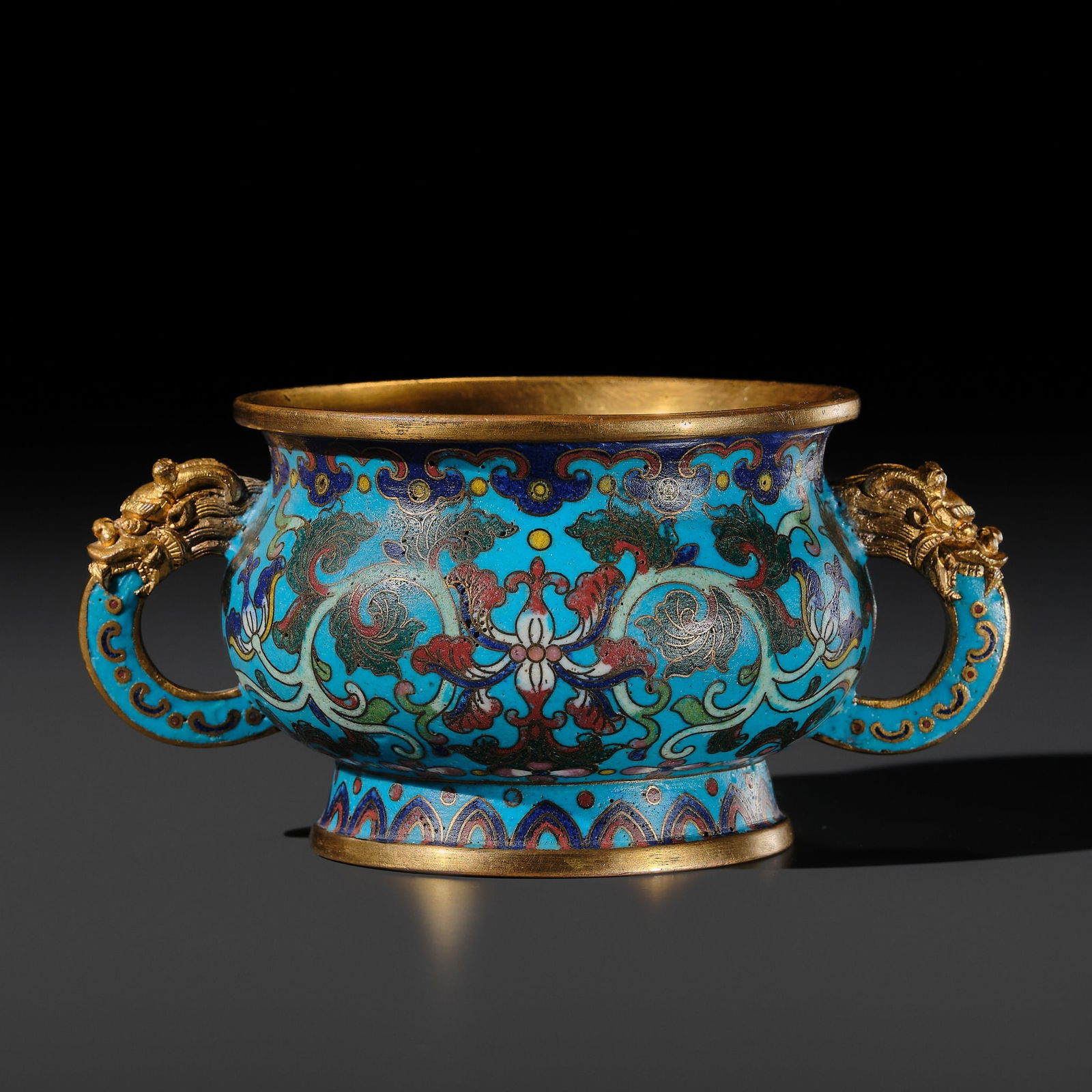 A GILT-BRONZE CLOISONNE ENAMEL 'LOTUS' CENSER, GUI, QIANLONG PERIOD (1 of 15)