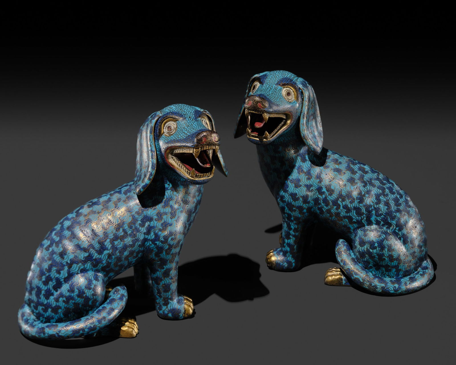 A RARE PAIR OF CLOISONNÉ ENAMEL FIGURES OF SEATED HOUNDS, 18TH CENTURY (1 of 15)