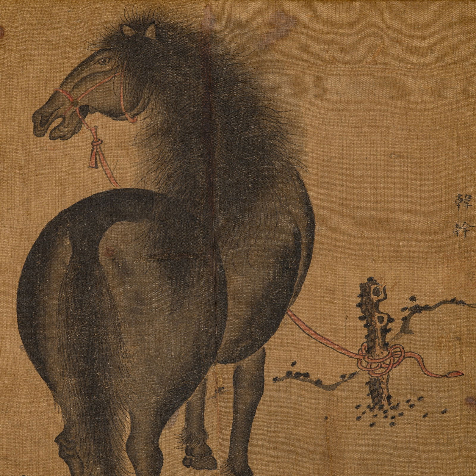 AN EXPRESSIVE PAINTING OF A TETHERED FERGHANA HORSE, AFTER HAN GAN, 17TH-18TH CENTURY: AN EXPRESSIVE PAINTING OF A TETHERED FERGHANA HORSE, AFTER HAN GAN, 17TH-18TH CENTURY China. Ink and watercolors on silk. Finely painted in inky shades to depict a horse tethered to a short post besid