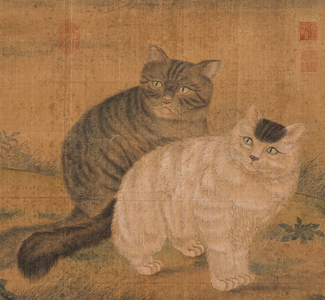 TWO CATS WATCHING BUTTERFLIES', QING DYNASTY (1644-1912): 'TWO CATS WATCHING BUTTERFLIES', QING DYNASTY (1644-1912) China. Ink, watercolors, and gouache on paper, laid on silk within a silk brocade frame.Finely painted with two plump cats, one white and the