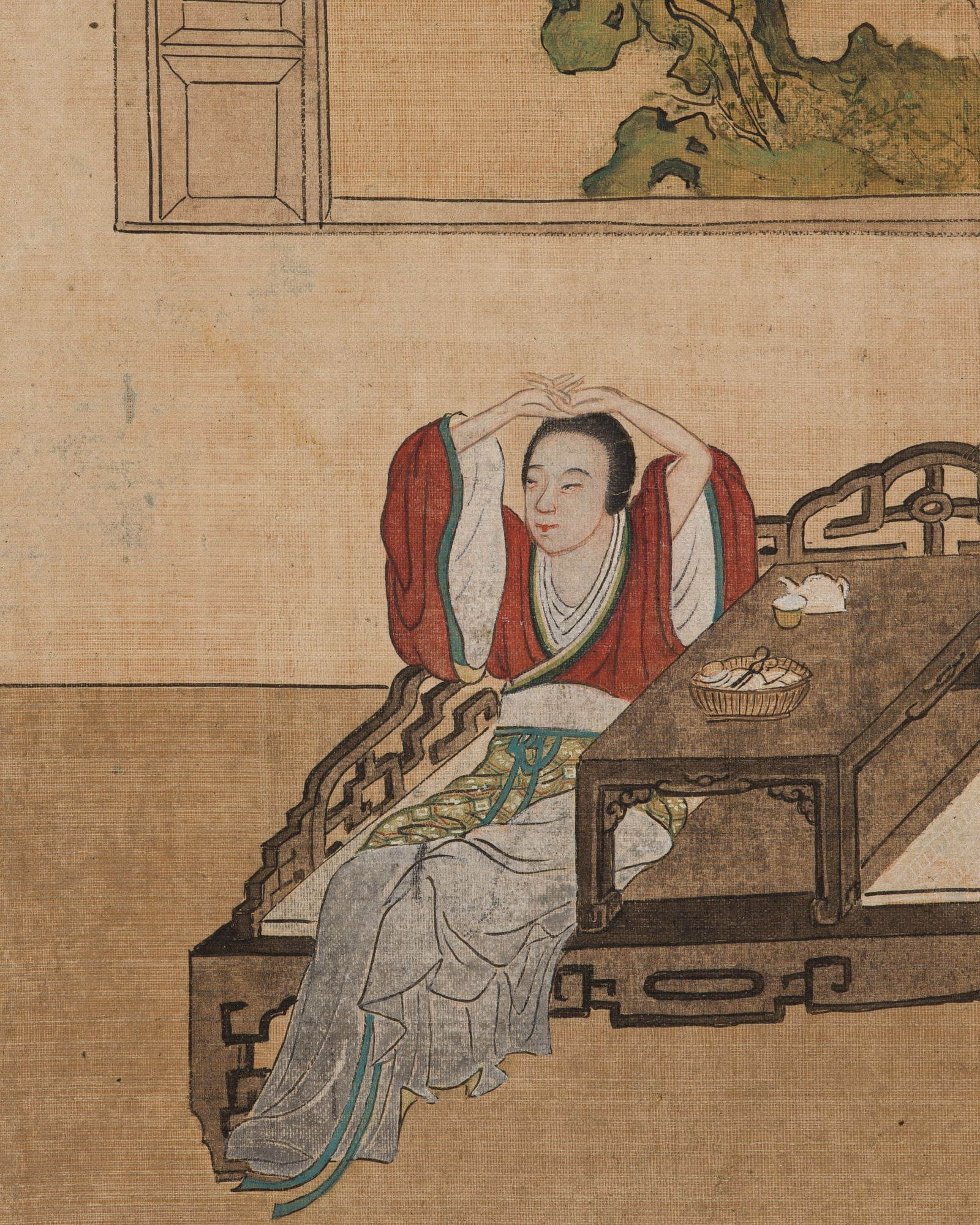 LADY AT LEISURE', CHINESE SCHOOL, 18TH-19TH CENTURY: 'LADY AT LEISURE', CHINESE SCHOOL, 18TH-19TH CENTURY China. Ink, watercolors and gouache on silk. Finely painted, the scene depicts a lady dressed in colorful robes reclining on a wooden seat beside a