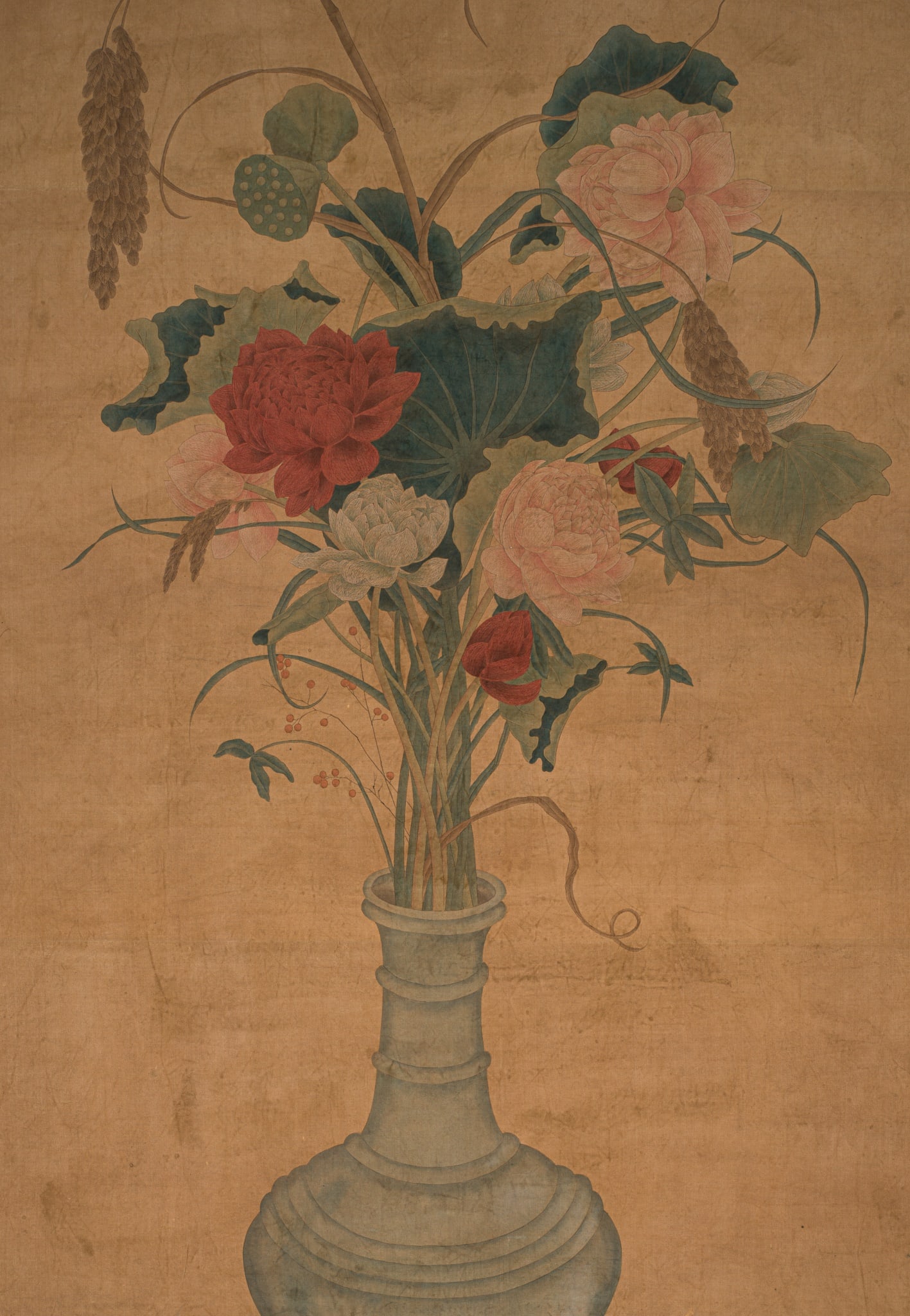 GATHERING OF AUSPICIOUS SIGNS', AFTER GUISEPPE CASTIGLIONE, 19TH TO EARLY 20TH CENTURY: 'GATHERING OF AUSPICIOUS SIGNS', AFTER GUISEPPE CASTIGLIONE, 19TH TO EARLY 20TH CENTURY China. Ink, watercolors, and gouache on a silk ground, framed in a silk brocade border. Finely painted in vibran