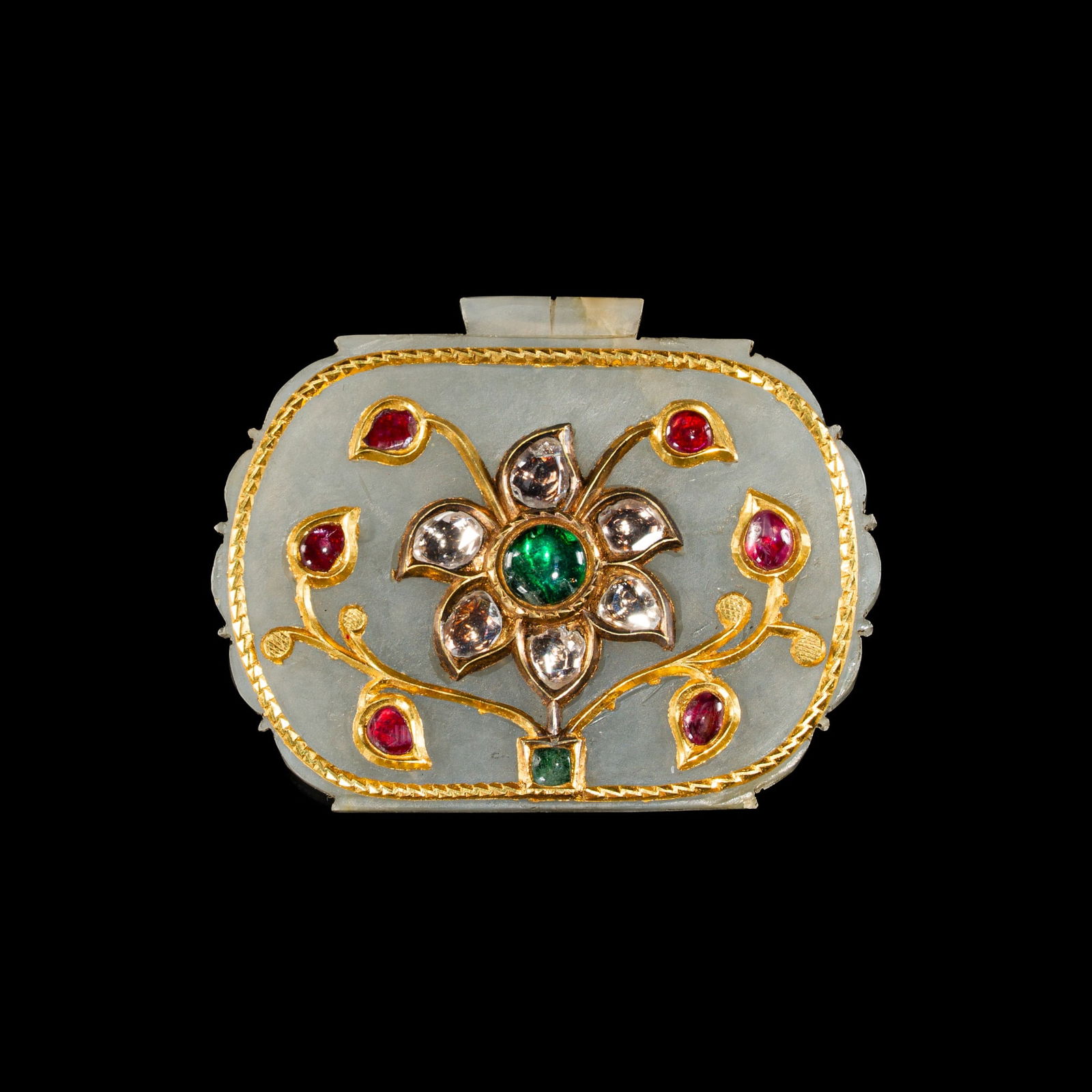 A MUGHAL GOLD-INLAID AND GEM-SET 'TREE OF LIFE' JADE PENDANT, HALDILI, 18TH-19TH CENTURY: A MUGHAL GOLD-INLAID AND GEM-SET 'TREE OF LIFE' JADE PENDANT, HALDILI, 18TH-19TH CENTURY Northern India. Of lobed form, minutely inlaid in gold and set with diamonds, rubies, emeralds, and other gemst