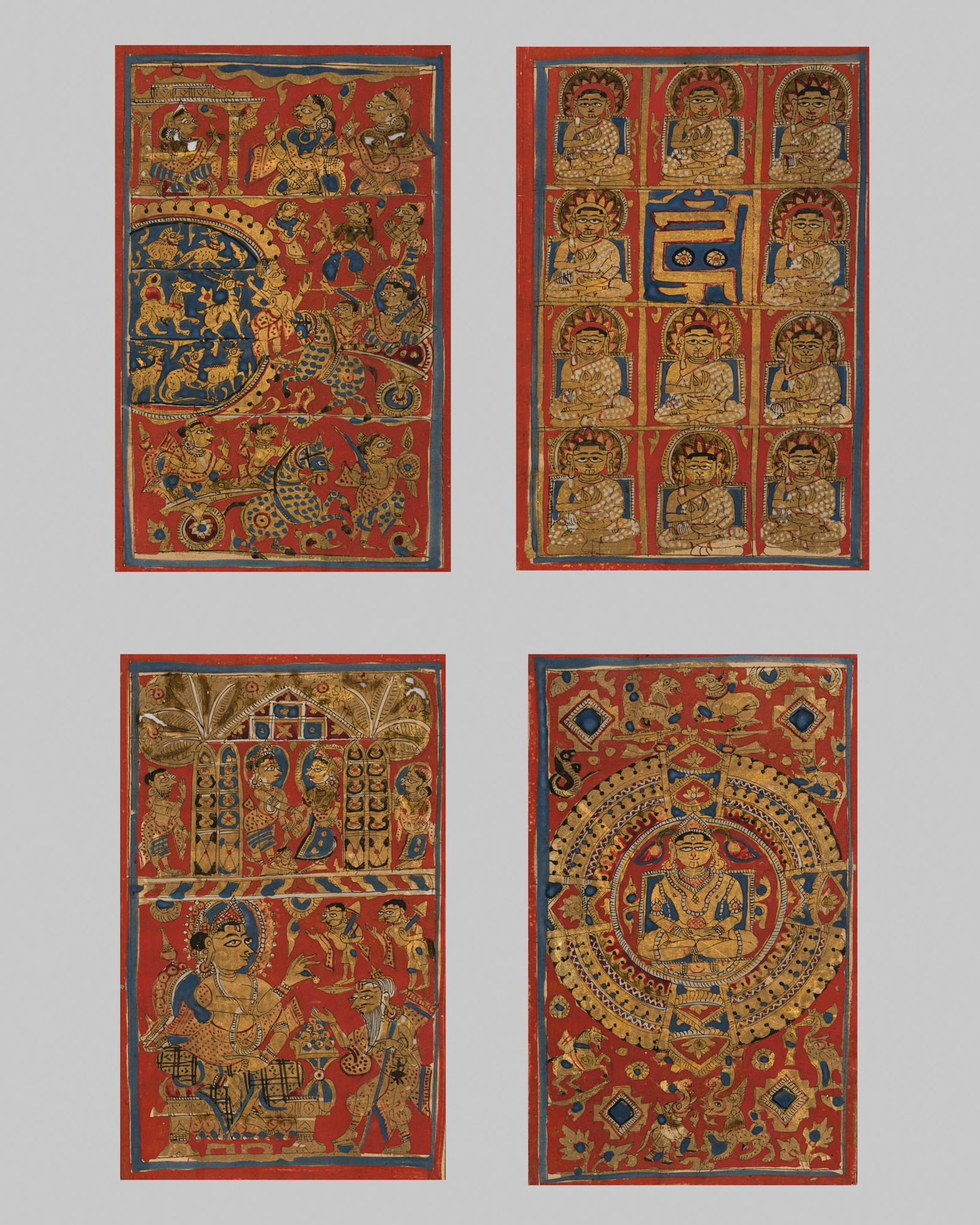 A SET OF FOUR ILLUSTRATED FOLIOS FROM A JAIN KALPASUTRA MANUSCRIPT, GUJARAT, 15TH CENTURY: A SET OF FOUR ILLUSTRATED FOLIOS FROM A JAIN KALPASUTRA MANUSCRIPT, GUJARAT, 15TH CENTURY Western India. Watercolors, gold, and ink on paper.These four double-sided illustrations of the Kalpasutra are