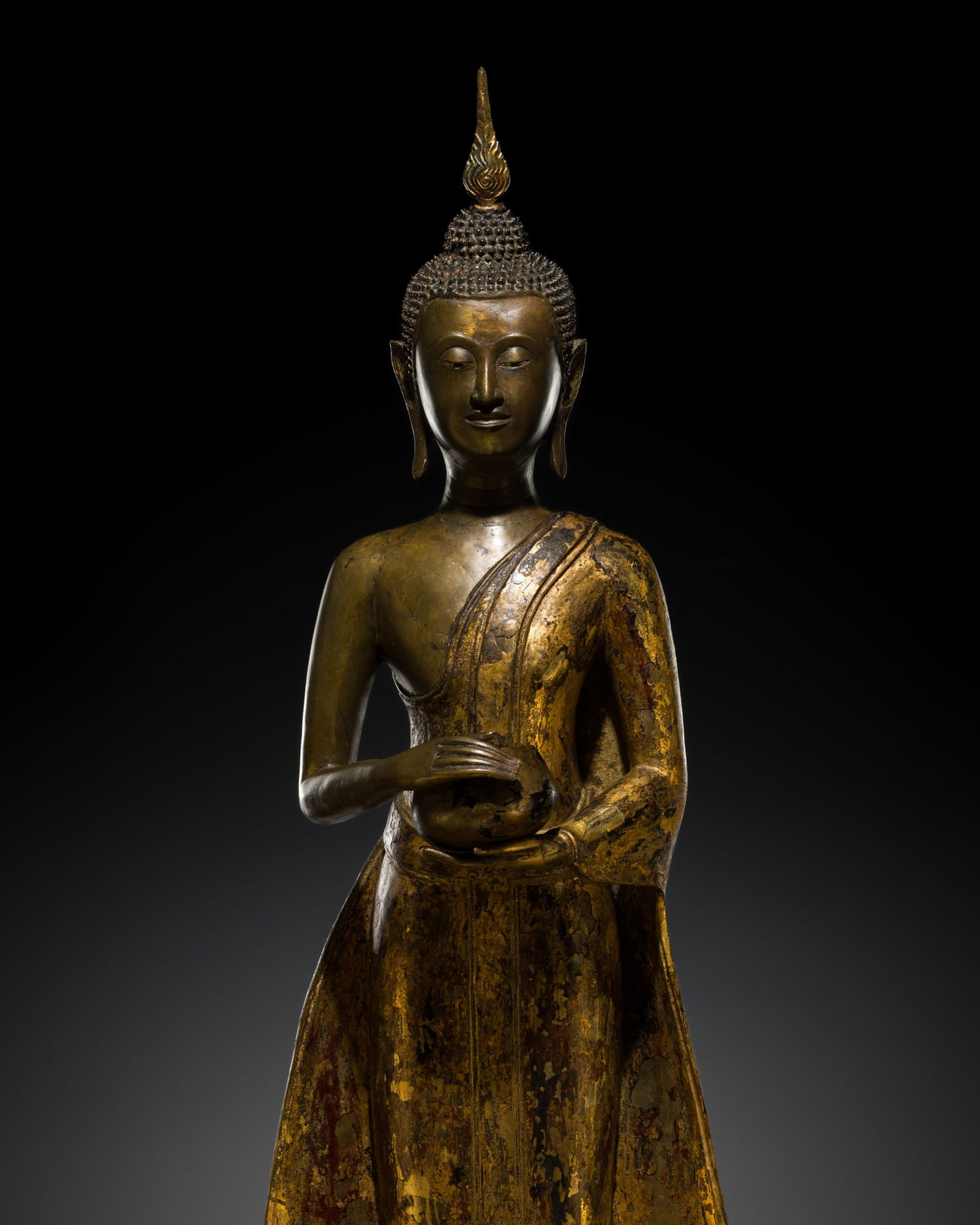 A LARGE (109 CM) AND IMPRESSIVE GILT-BRONZE FIGURE OF BUDDHA, LATE AYUTTHAYA PERIOD (1 of 17)