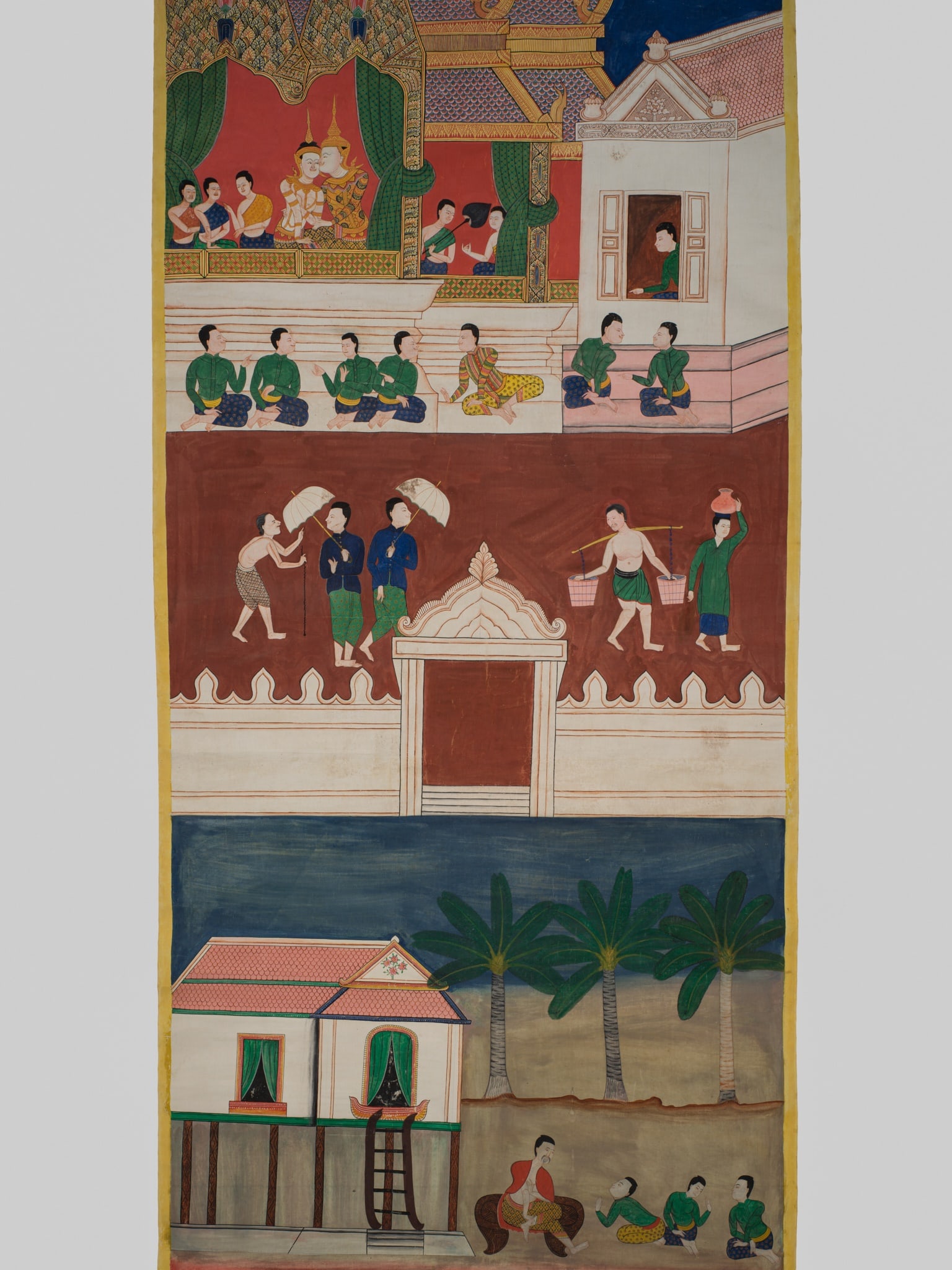 A VERY FINE PAINTING WITH A MONUMENTAL PALACE SCENE, RATTANAKOSIN KINGDOM (1782-1932): A VERY FINE PAINTING WITH A MONUMENTAL PALACE SCENE, RATTANAKOSIN KINGDOM (1782-1932) Thailand, 19th century. Ink, watercolors, and gouache on paper. Mounted as a hanging scroll.Finely painted to depi
