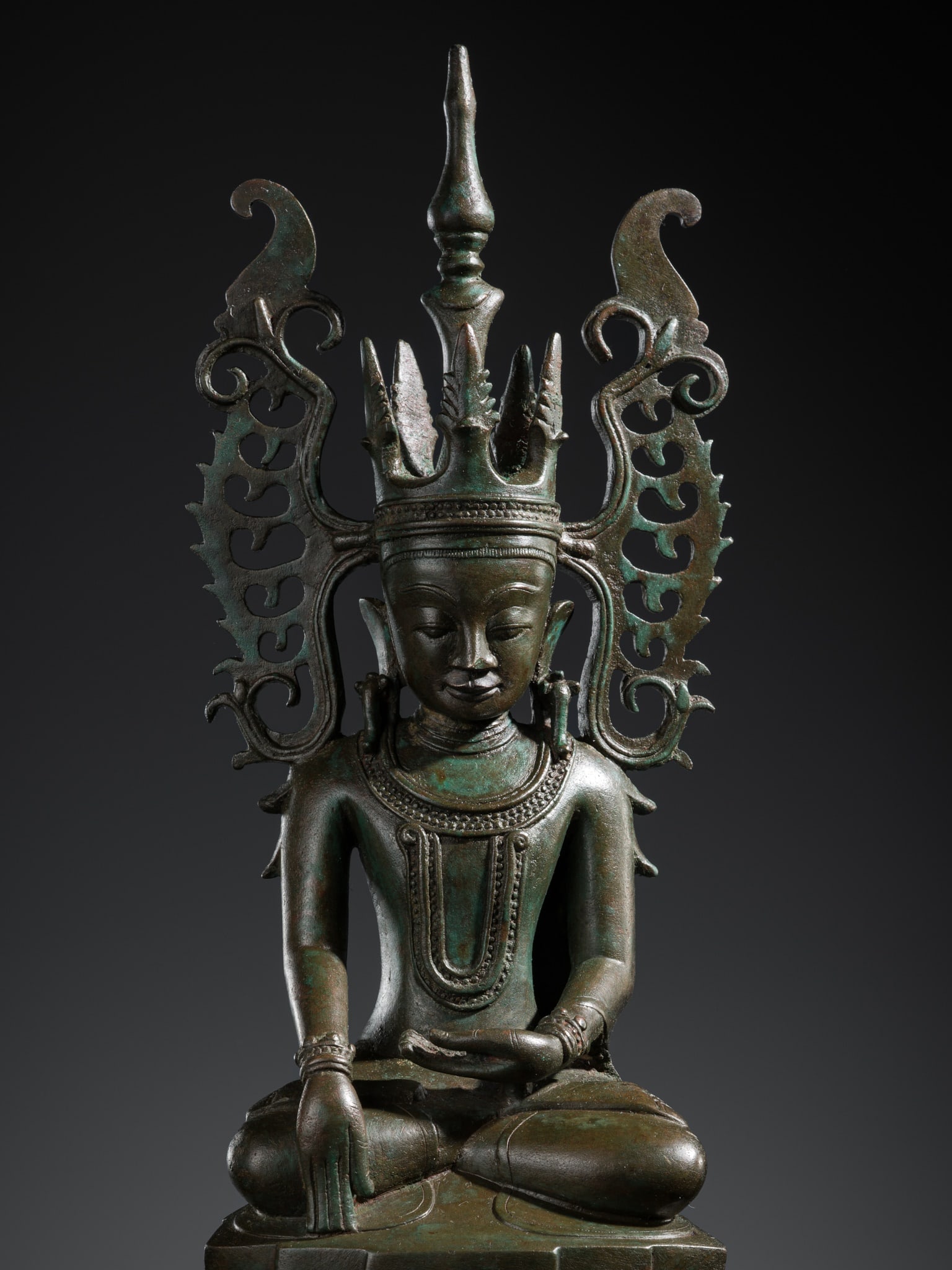 A FINE BRONZE FIGURE OF JAMBUPATI BUDDHA WITH TWO ATTENDANTS, 2ND AVA PERIOD, 16TH-18TH CENTURY: A FINE BRONZE FIGURE OF JAMBUPATI BUDDHA WITH TWO ATTENDANTS, 2ND AVA PERIOD, 16TH-18TH CENTURY Published: R. van Dijk, Serenity: Typology of Southeast Asian Buddha Art Styles. Asian Art Collection, 2