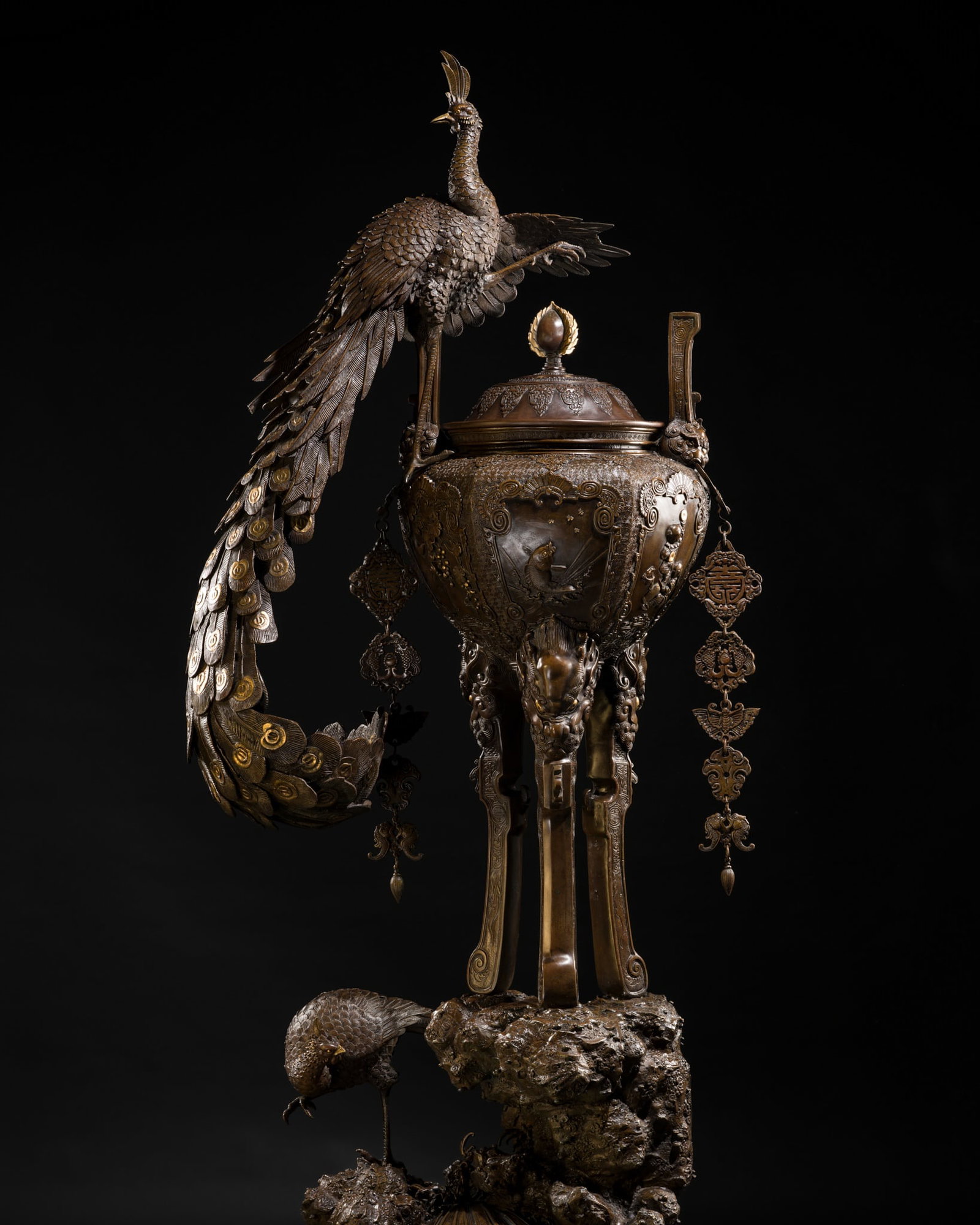 HAYASHI HARUSADA: A MONUMENTAL (177 CM) PARCEL-GILT BRONZE 'AUSPICIOUS ANIMALS' EXHIBITION KORO: HAYASHI HARUSADA: A MONUMENTAL (177 CM) PARCEL-GILT BRONZE 'AUSPICIOUS ANIMALS' EXHIBITION KORO (INCENSE BURNER) By Hayashi Harusada, signed Dai Nihon Imono-shi, Hayashi Harusada zo kore Japan, Meiji 