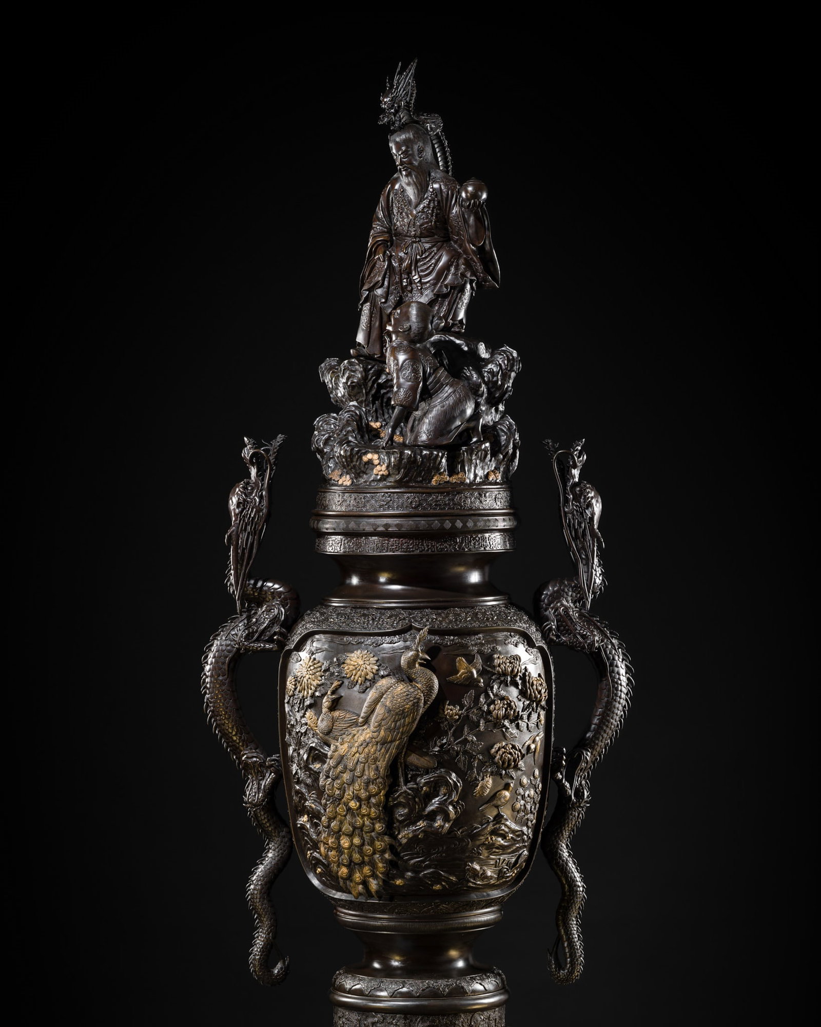 HAYASHI HARUSADA: A MONUMENTAL (234 CM) PARCEL-GILT BRONZE 'RYUJIN AND DRAGONS' EXHIBITION KORO: HAYASHI HARUSADA: A MONUMENTAL (234 CM) PARCEL-GILT BRONZE 'RYUJIN AND DRAGONS' EXHIBITION KORO (INCENSE BURNER) By Hayashi Harusada, sealed Hayashi Harusada seizo Japan, Meiji period (1868-1912) Supe