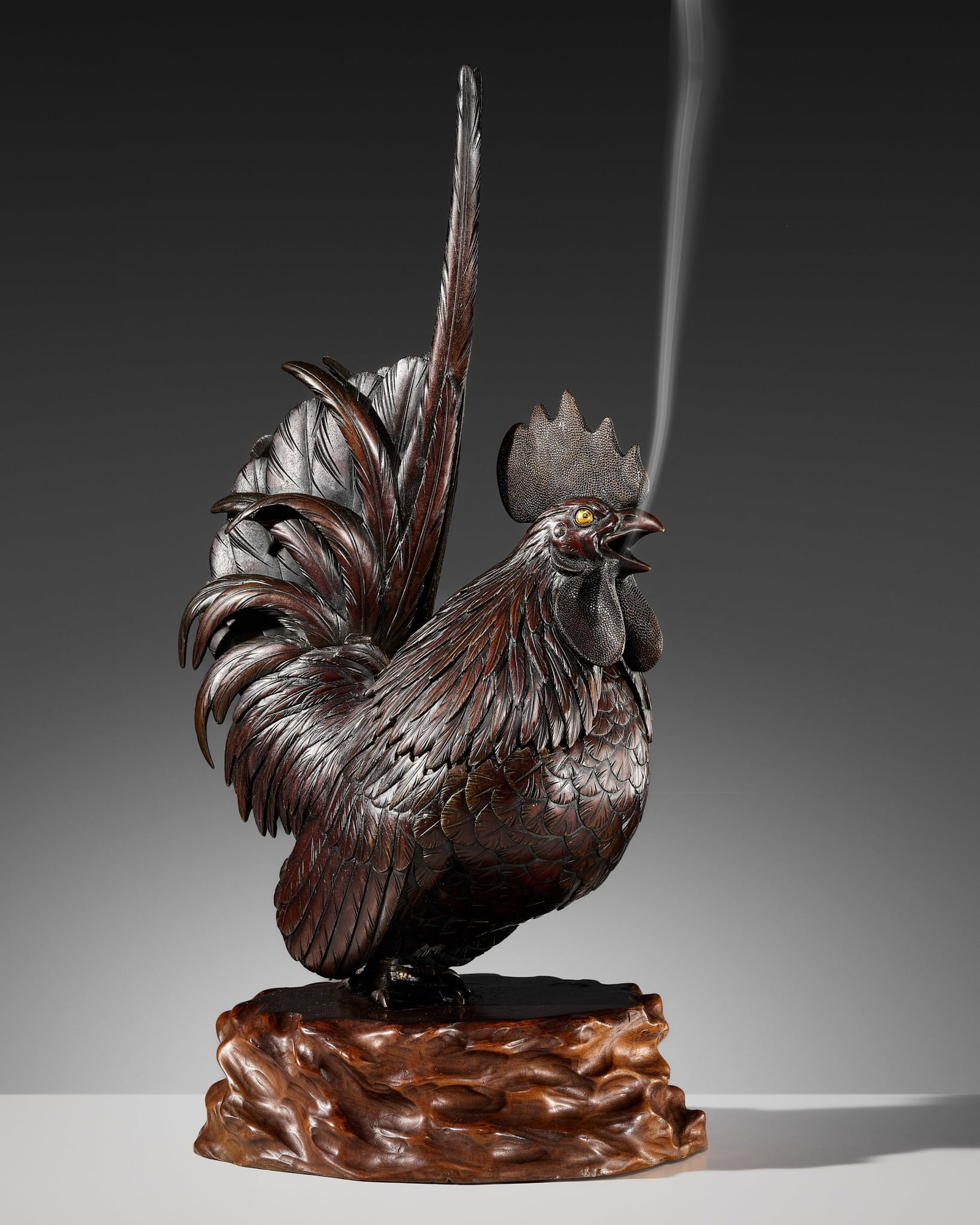 A FINE BRONZE 'COCKEREL' KORO (INCENSE BURNER): A FINE BRONZE 'COCKEREL' KORO (INCENSE BURNER) Japan, late 19th century, Meiji period (1868-1912) Naturalistically cast in two parts, this exquisite onagadori (long-tailed cockerel) is masterfully mod