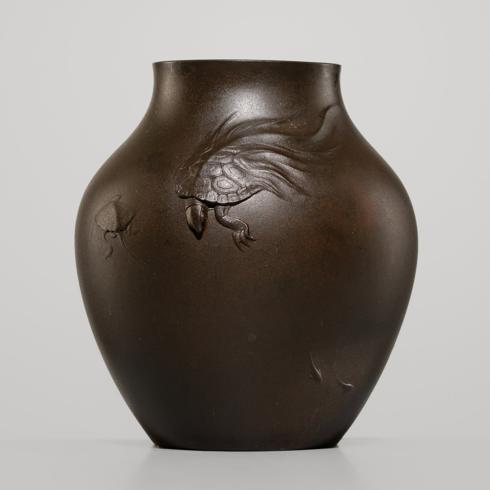 KATO TATSUO: A FINE BRONZE 'MINOGAME' VASE: KATO TATSUO: A FINE BRONZE 'MINOGAME' VASE By Kato Tatsuo, signed Tatsuo saku Japan, early 20th century, Meiji (1868-1912) to Taisho period (1912-1926) The ovoid body supported on a short foot ring an