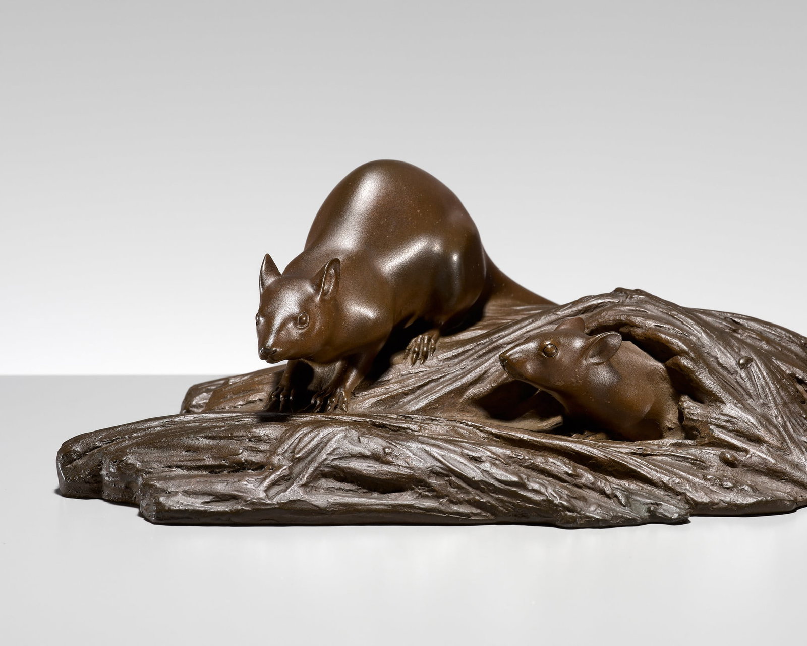 TSUDA SHINOBU: A BRONZE OKIMONO OF TWO MICE ON BARLEY: TSUDA SHINOBU: A BRONZE OKIMONO OF TWO MICE ON BARLEY By Tsuda Shinobu (1875-1946), signed Daiju saku Japan, c. 1935-1940, Showa period (1926-1989) Finely cast in bronze of a rich chocolate-brown colo