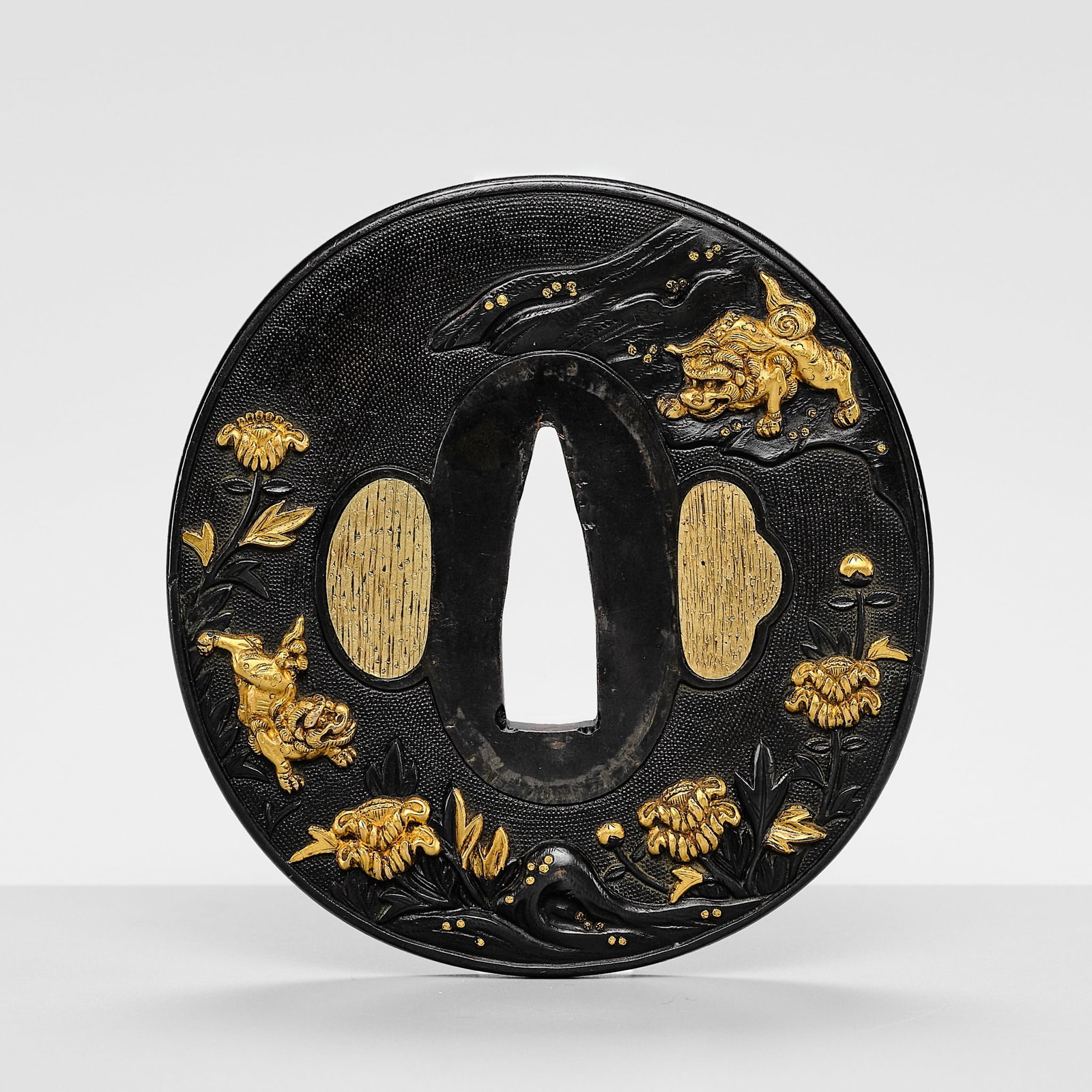 A GOTO SCHOOL SHAKUDO NANAKO 'BOTAN SHISHI' TSUBA, WITH TOKUBETSU HOZON NBHTK CERTIFICATE (1 of 10)