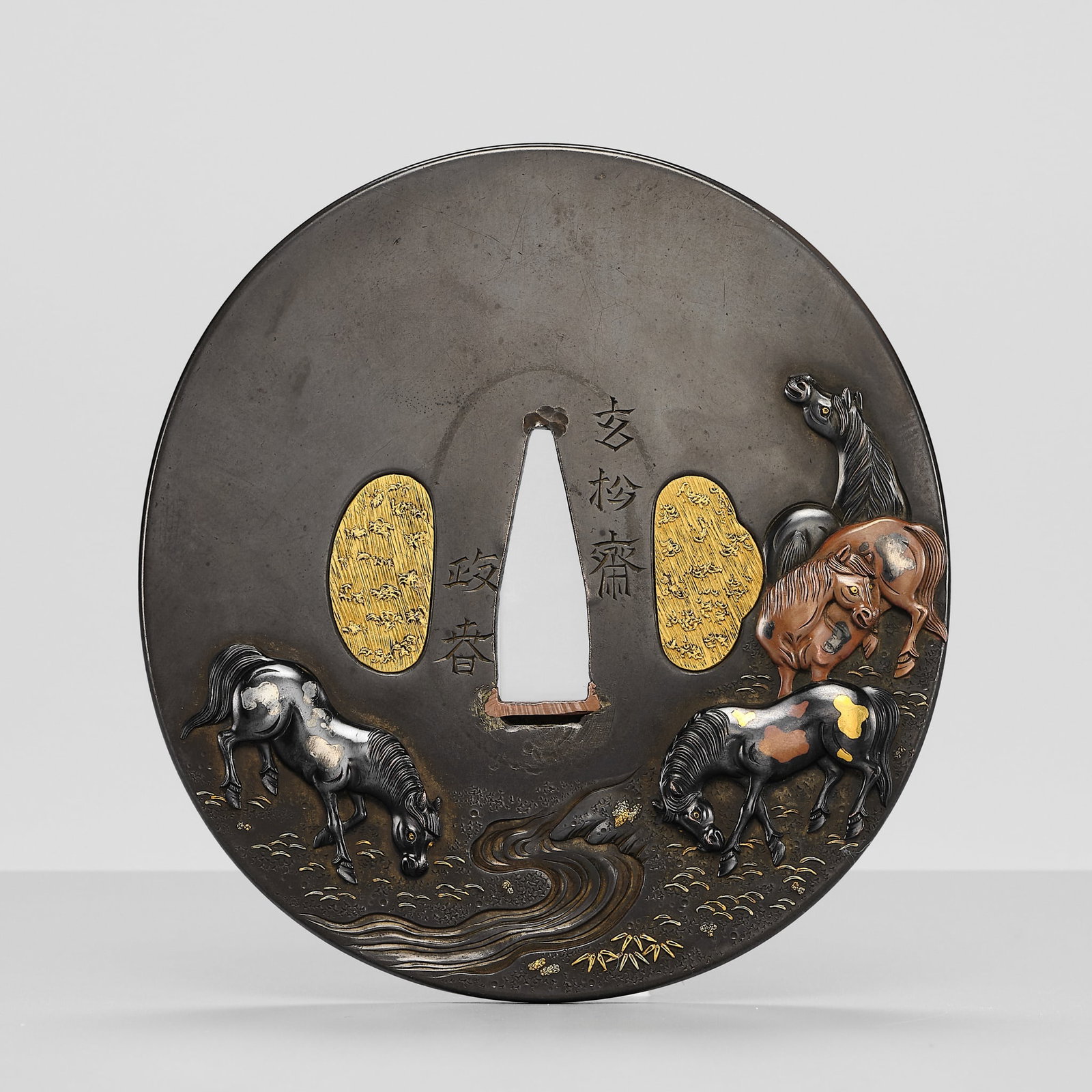 GENSHOSAI MASAHARU: A FINE SHIBUICHI 'FIVE HORSES' TSUBA (1 of 9)