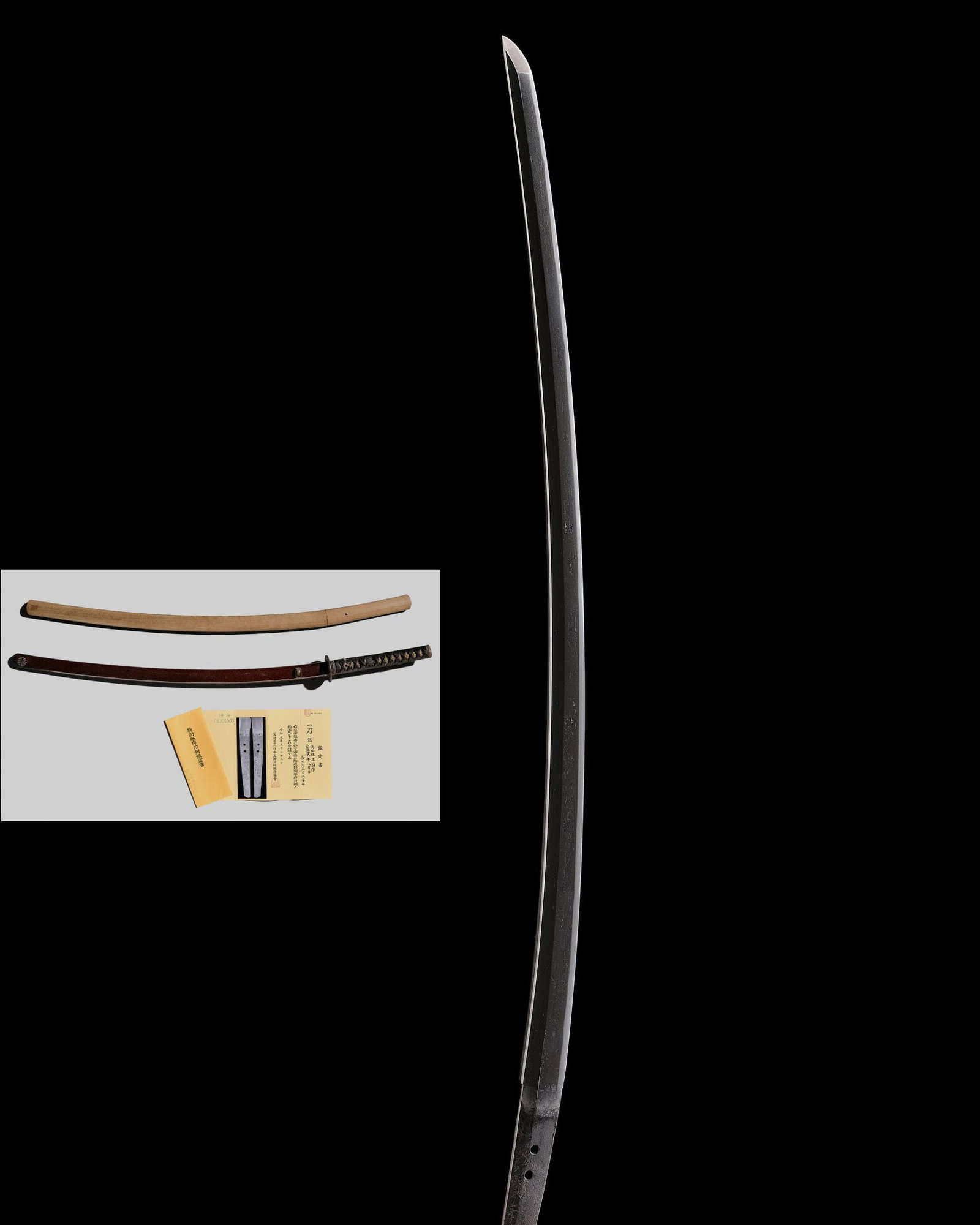 MASAMORI: A FINE KATANA IN KOSHIRAE, WITH NBTHK TOKUBETSU (ESPECIALLY PRECIOUS) CERTIFICATE: MASAMORI: A FINE KATANA IN KOSHIRAE, WITH NBTHK TOKUBETSU (ESPECIALLY PRECIOUS) CERTIFICATE By Masamori, signed Takada ju Masamori saku Japan, Kyushu, dated 1556, Muromachi period (1333-1573) Th
