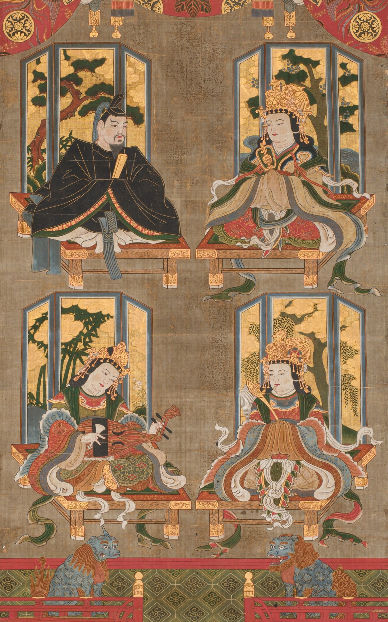 A FINE MANDARA OF THE FOUR DEITIES OF MOUNT KOYA, MUROMACHI PERIOD: A FINE MANDARA OF THE FOUR DEITIES OF MOUNT KOYA, MUROMACHI PERIOD Japan, 16th century, late Muromachi period (1333-1573) Ink, watercolors, gouache, and gold paint on silk. Mounted as a hanging scroll