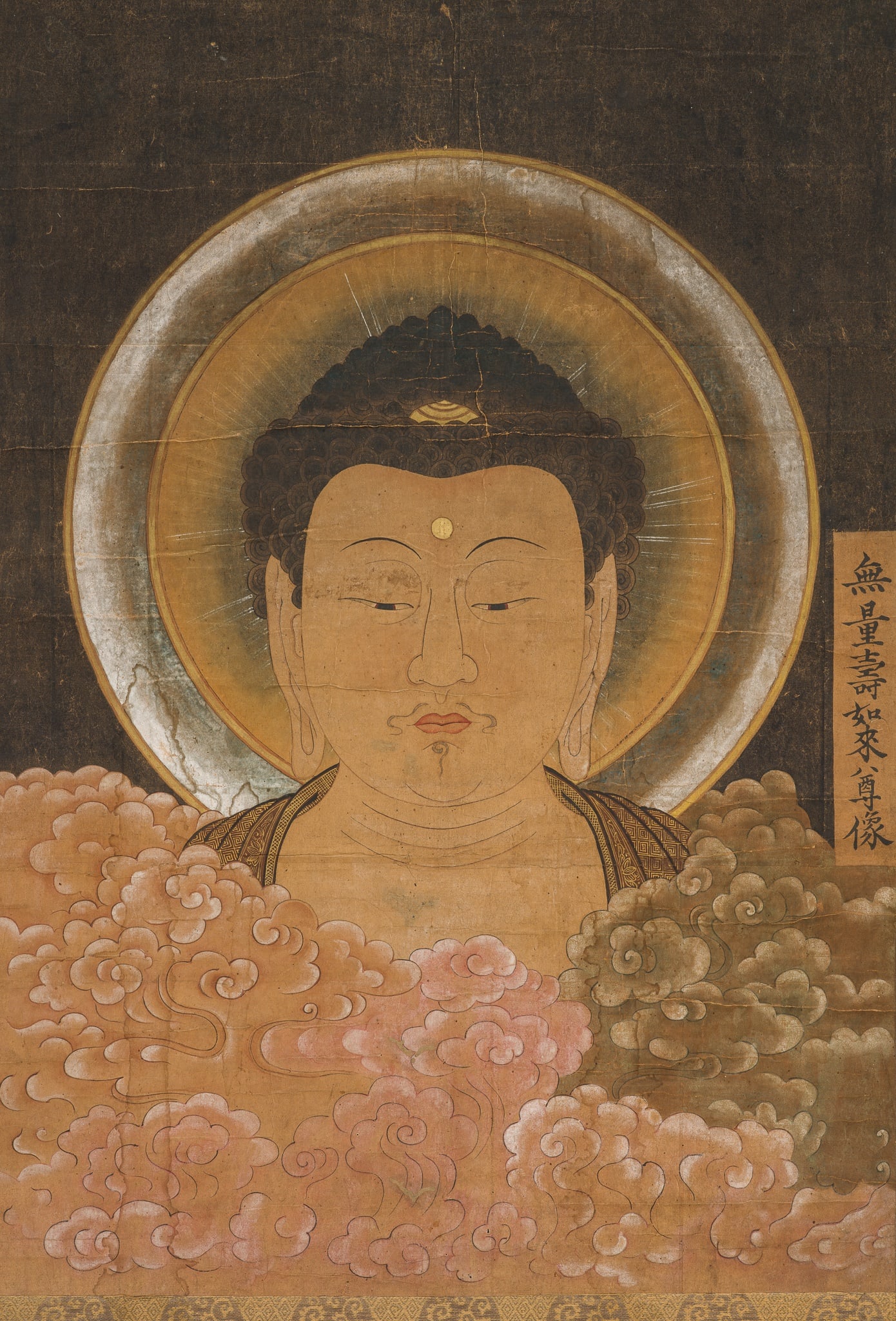 A BUDDHIST PAINTING DEPICTING AMIDA NYORAI AMID CLOUDS, EARLY EDO PERIOD: A BUDDHIST PAINTING DEPICTING AMIDA NYORAI AMID CLOUDS, EARLY EDO PERIOD Japan, 17th-18th century, early Edo period (1615-1868) Ink, watercolors, gouache, and gold paint on paper. Mounted on sil
