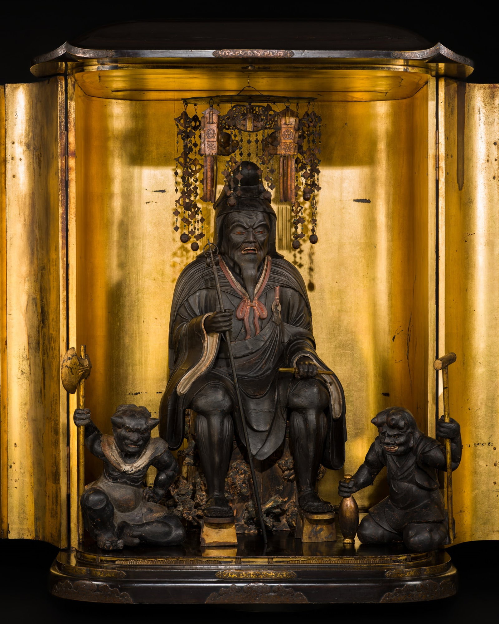 A MASSIVE (125 CM) LACQUERED WOOD ZUSHI (PORTABLE SHRINE) WITH EN NO GYOJA AND ATTENDANTS,: A MASSIVE (125 CM) LACQUERED WOOD ZUSHI (PORTABLE SHRINE) WITH EN NO GYOJA AND ATTENDANTS, NANBOKUCHO TO MUROMACHI PERIOD Japan, the figures 14th-15th century, Nanbokucho (1333-1392) to early Muromach