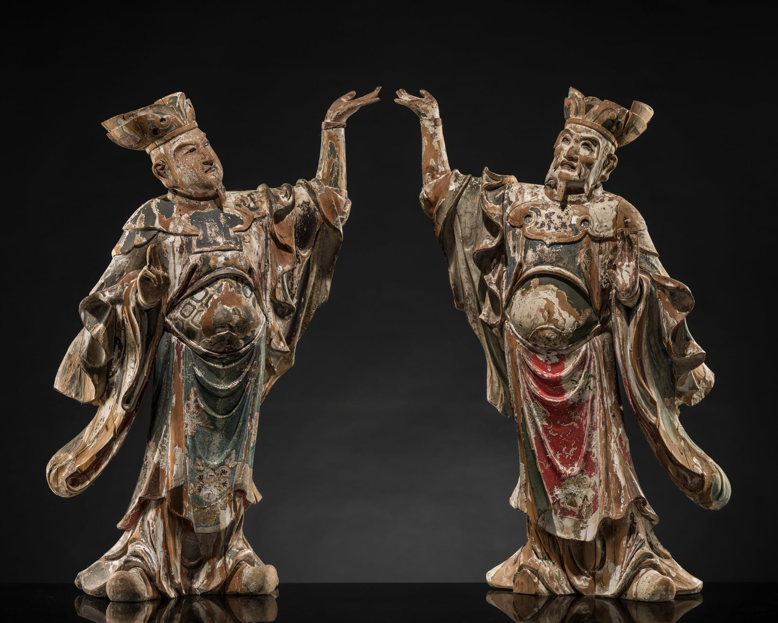 A PAIR OF LARGE (74 CM) EXCEPTIONAL POLYCHROME WOOD FIGURES OF CELESTIAL ATTENDANTS, NANBOKUCHO TO: A PAIR OF LARGE (74 CM) EXCEPTIONAL POLYCHROME WOOD FIGURES OF CELESTIAL ATTENDANTS, NANBOKUCHO TO MUROMACHI PERIOD Japan, 14th-16th century, Nanbokucho (1336-1392) to Muromachi period (1336-1573)