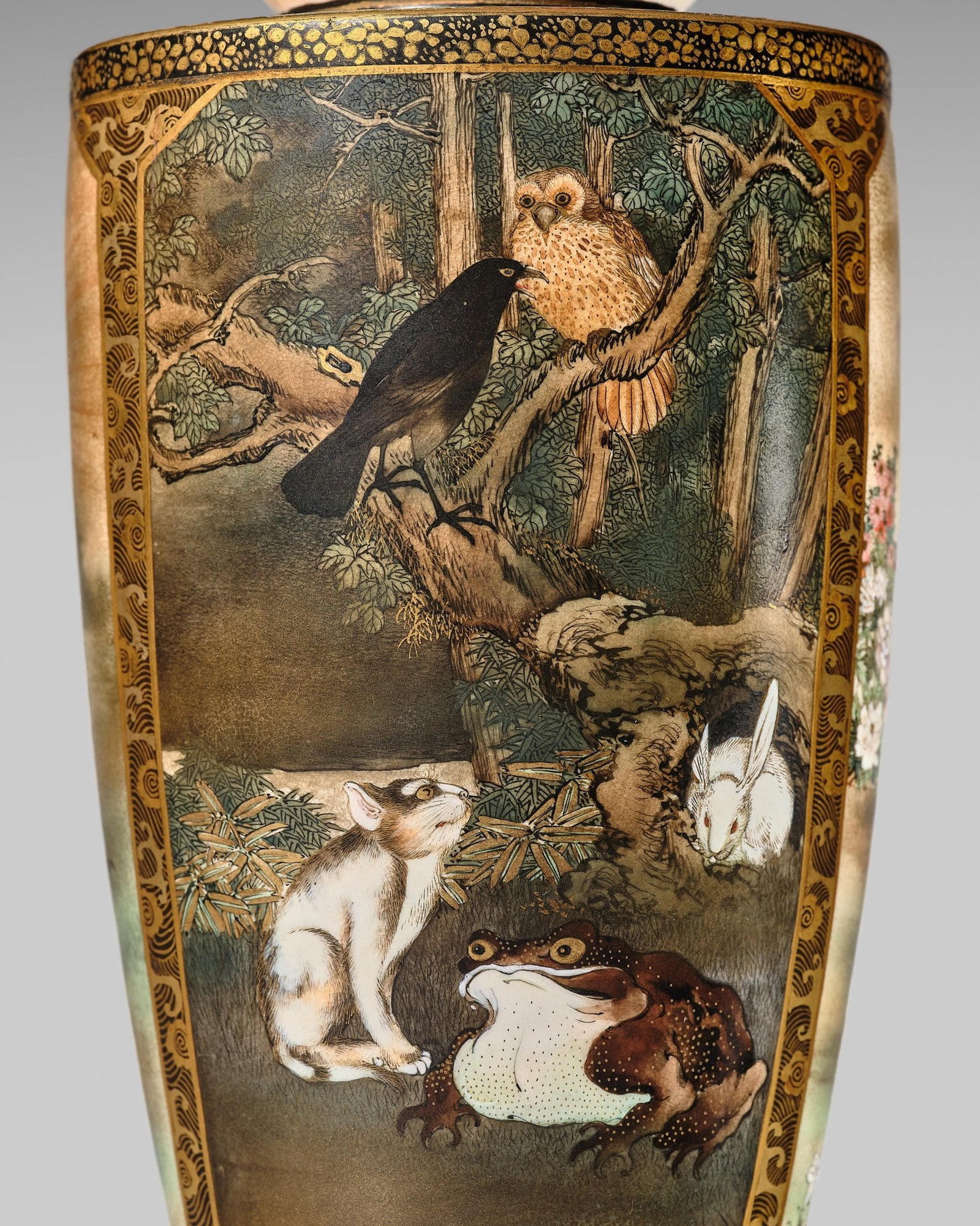 KOYAMA NANPO: A RARE AND SUPERB SATSUMA CERAMIC VASE WITH FABULOUS ANIMAL SCENES: KOYAMA NANPO: A RARE AND SUPERB SATSUMA CERAMIC VASE WITH FABULOUS ANIMAL SCENES By Koyama Nanpo, signed Koyama Nanpo Japan, Meiji period (1868-1912) Finely potted, the elegant baluster-shaped body ge