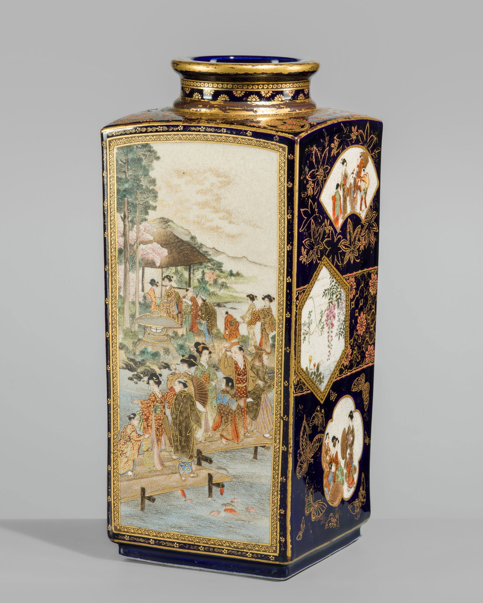 OKAMOTO RYOZAN FOR THE YASUDA COMPANY: A FINE SATSUMA CERAMIC SQUARE BOTTLE VASE: OKAMOTO RYOZAN FOR THE YASUDA COMPANY: A FINE SATSUMA CERAMIC SQUARE BOTTLE VASE By Okamoto Ryozan (c. 1820-1910), signed Ryozan with the mark of the Yasuda Company Japan, Meiji period (1868-1912) Fin