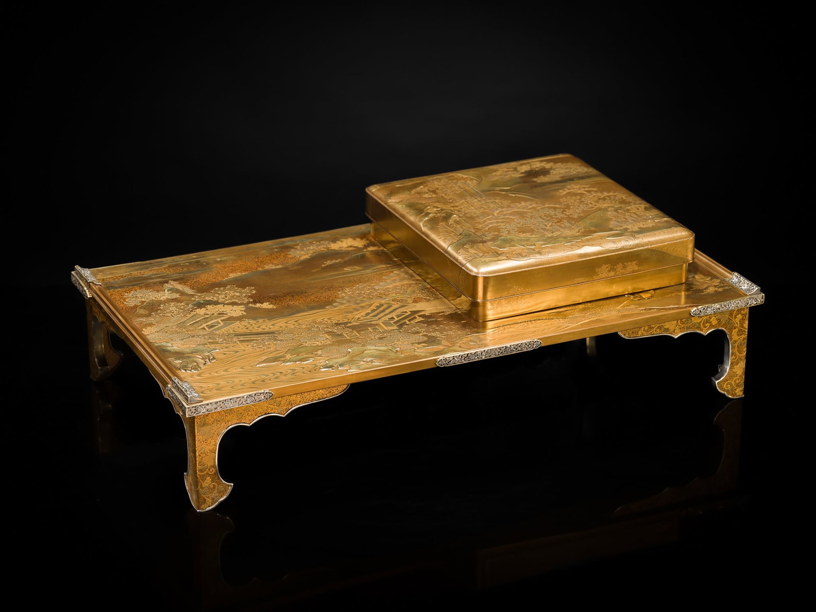 A MAGNIFICENT MATCHING GOLD LACQUER SET OF A SUZURIBAKO (WRITING BOX) AND A BUNDAI (WRITING DESK) (1 of 20)
