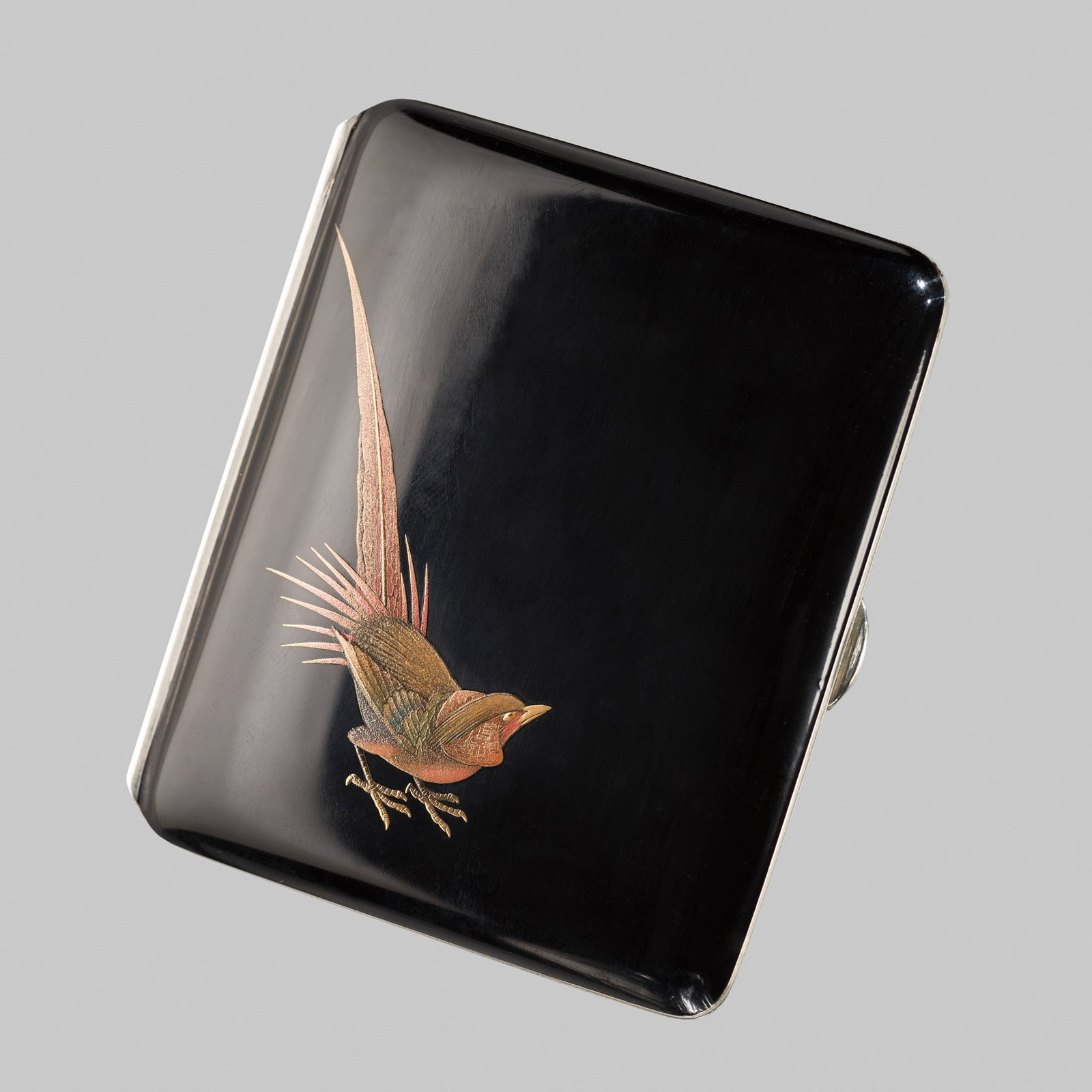SHISEN YAMAMIZU FOR THE NAMIKI COMPANY: A MAGNIFICENT LACQUERED SILVER 'PHEASANT' CIGARETTE CASE: SHISEN YAMAMIZU FOR THE NAMIKI COMPANY: A MAGNIFICENT LACQUERED SILVER 'PHEASANT' CIGARETTE CASE By Shisen Yamamizu, signed Namiki kan, Shisen with kakihan Japan, early 20th century, Taisho (1912-1926