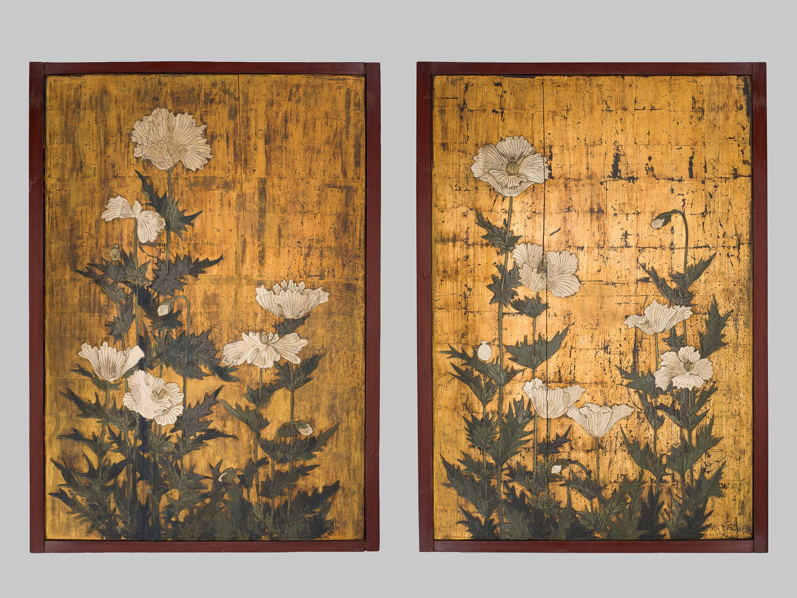 A PAIR OF LARGE RINPA SCHOOL 'POPPIES' FUSUMA (SLIDING DOOR) PANELS, EX-COLLECTION WILLIAM: A PAIR OF LARGE RINPA SCHOOL 'POPPIES' FUSUMA (SLIDING DOOR) PANELS, EX-COLLECTION WILLIAM GLADSTONE, FORMER BRITISH PRIME MINISTER Japan, 17th-18th century, Edo period (1615-1868) Ink, gouache,