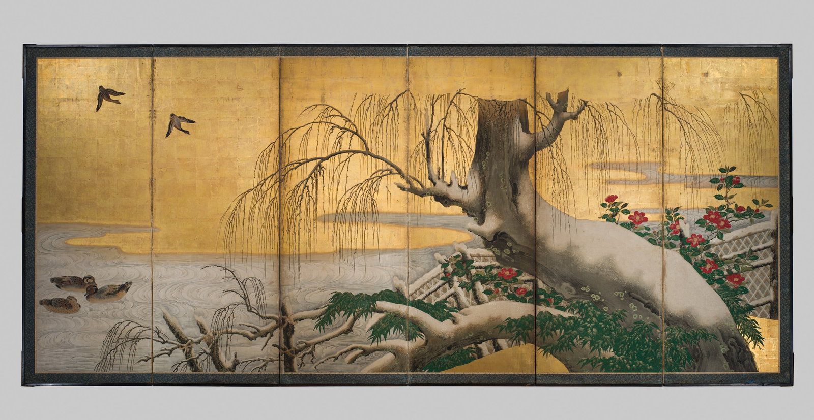 A HIGHLY IMPORTANT SIX-PANEL 'SNOW-DUSTED WILLOW AND DUCKS' BYOBU (FOLDING SCREEN), ATTRIBUTED TO (1 of 18)