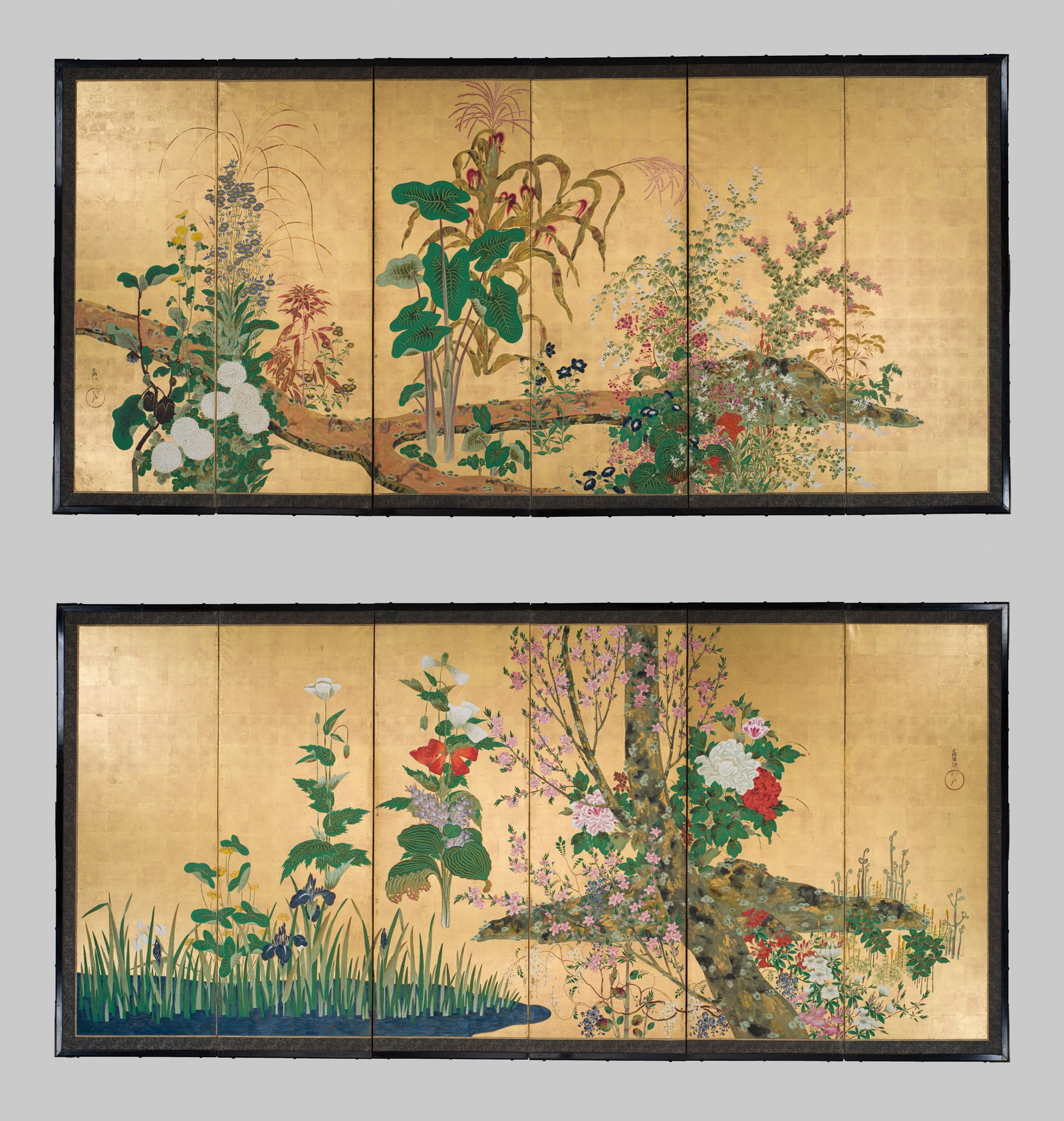 OGATA KORIN: AN IMPORTANT PAIR OF PAIR OF RINPA SIX-PANEL 'FLOWERS OF THE FOUR SEASONS' BYOBU (1 of 20)