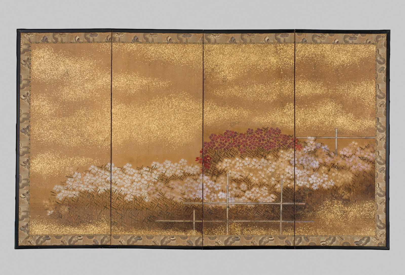 AN IMPRESSIVE RINPA SCHOOL FOUR-PANEL 'BLOOMING NADESHIKO' BYOBU (FOLDING SCREEN): AN IMPRESSIVE RINPA SCHOOL FOUR-PANEL 'BLOOMING NADESHIKO' BYOBU (FOLDING SCREEN) Japan, 17th century, Edo period (1615-1868) Ink, watercolors, and gold paint on paper. Mounted on silk brocade on four
