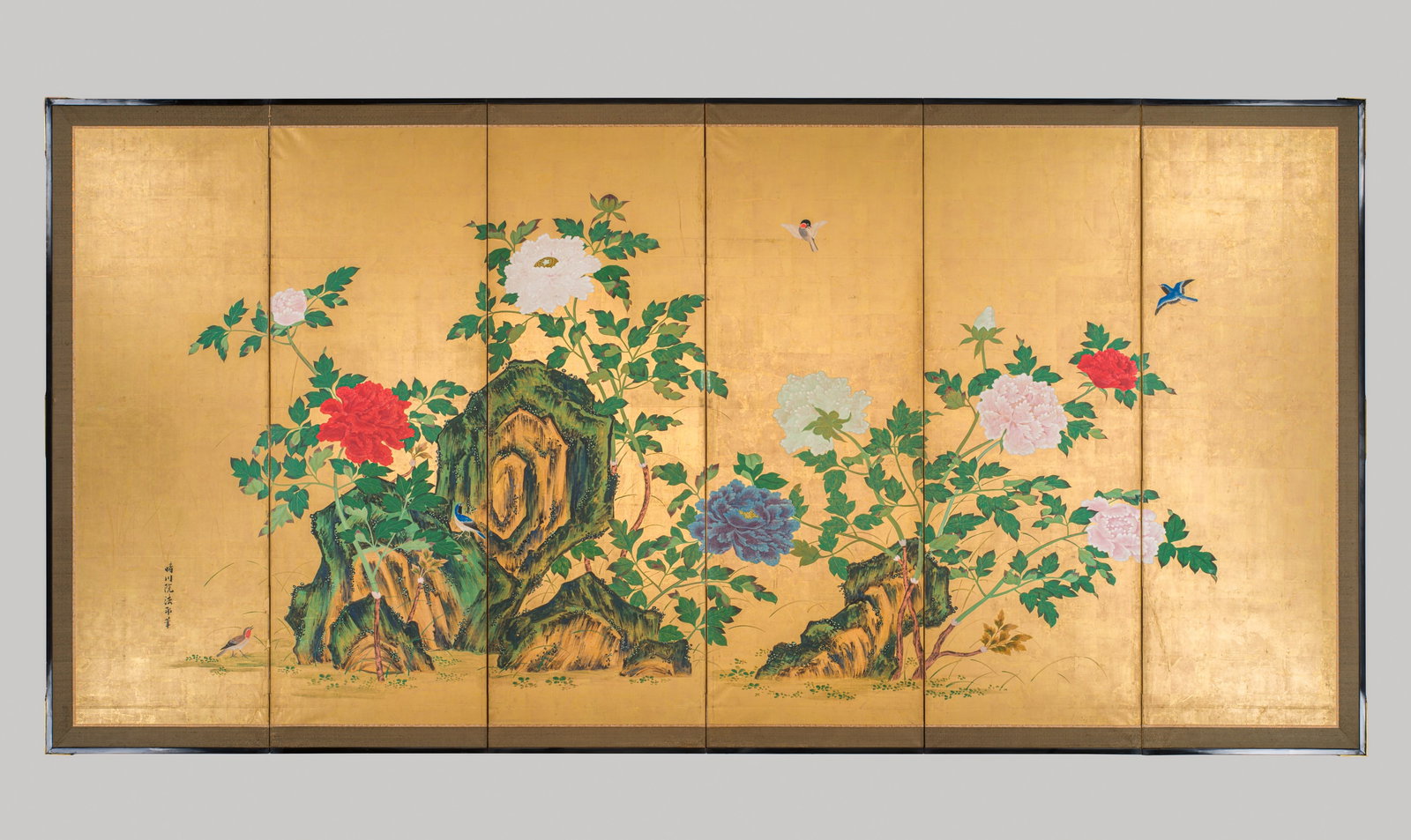KANO SEISEN'IN OSANOBU: A VERY FINE SIX-PANEL 'BIRDS AND FLOWERS' BYOBU (FOLDING SCREEN): KANO SEISEN'IN OSANOBU: A VERY FINE SIX-PANEL 'BIRDS AND FLOWERS' BYOBU (FOLDING SCREEN) By Kano Seisen'in Osanobu (1796-1846), signed Seisen'in Hoin hitsu with a red pot seal mark and another seal Se