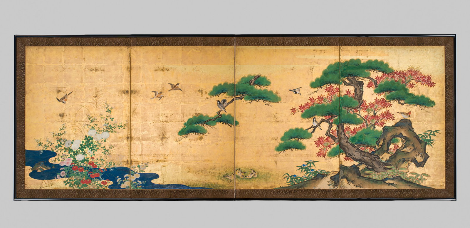 AN IMPRESSIVE KANO SCHOOL FOUR-PANEL 'BIRDS IN AUTUMNNAL LANDSCAPE' BYOBU (FOLDING SCREEN): AN IMPRESSIVE KANO SCHOOL FOUR-PANEL 'BIRDS IN AUTUMNNAL LANDSCAPE' BYOBU (FOLDING SCREEN) Japan, 17th-18th century, Edo period (1615-1868) Ink, watercolors, gouache, and gold leaf on paper. Mou