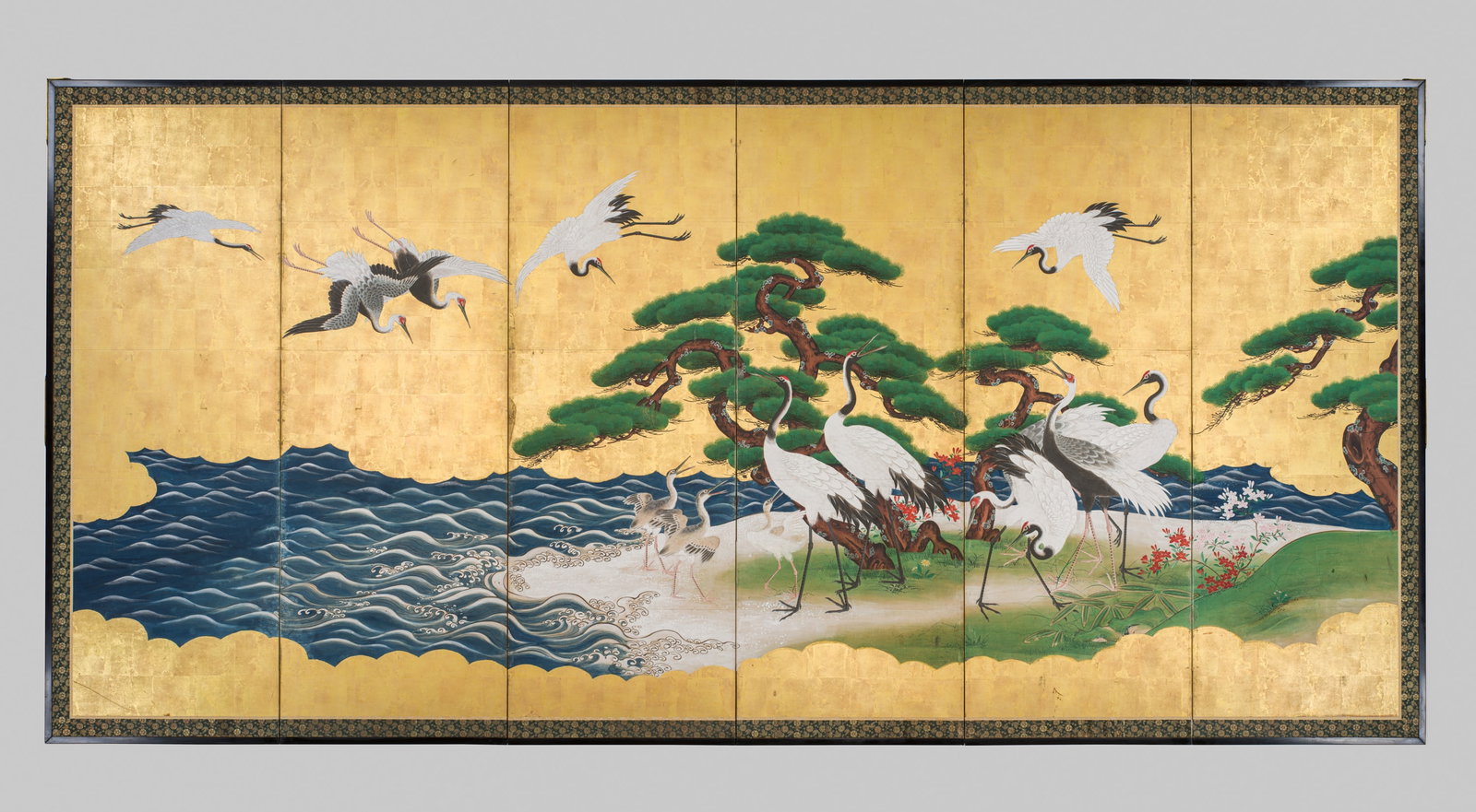 A FINE KANO SCHOOL SIX-PANEL 'CRANES, PINES AND WAVES' BYOBU (FOLDING SCREEN) (1 of 14)
