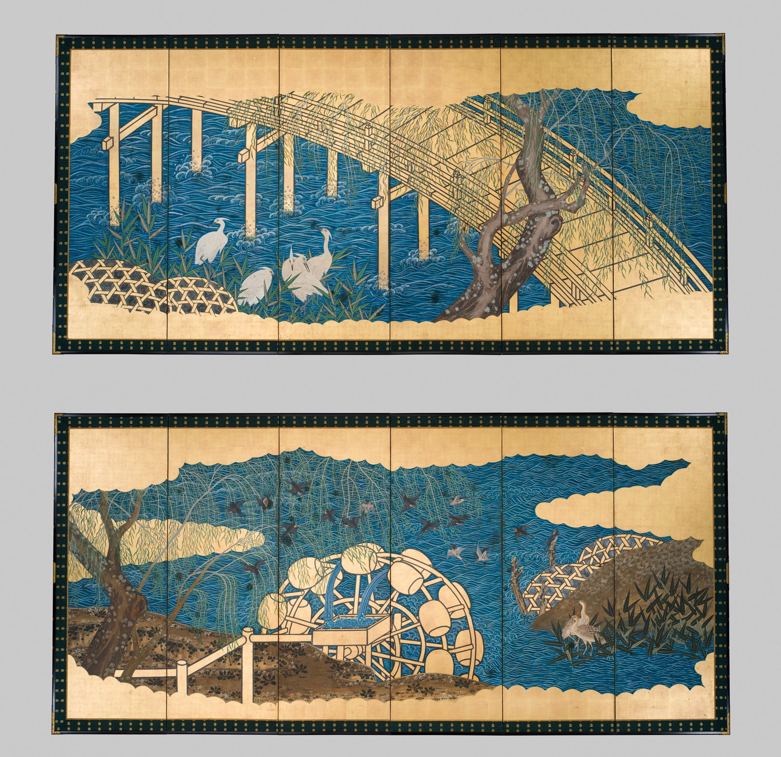 A PAIR OF FINE SIX-PANEL 'UJI RIVER' BYOBU (FOLDING SCREENS): A PAIR OF FINE SIX-PANEL 'UJI RIVER' BYOBU (FOLDING SCREENS) Japan, 19th century, late Edo period (1615-1868) Ink, watercolors, gouache, gold paint, and gold foil on paper. Each mounted within a silk 