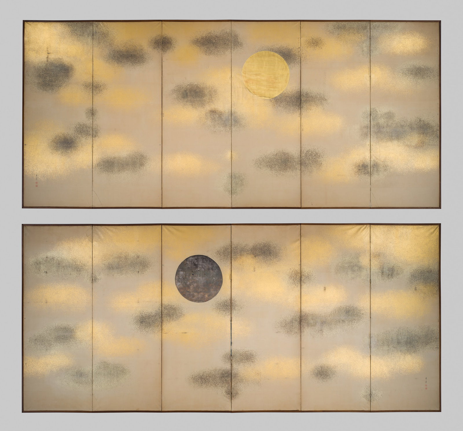 NAKAJIMA RAISHO: AN EXCEPTIONAL PAIR OF SIX-PANEL 'SUN AND MOON' BYOBU (FOLDING SCREENS): NAKAJIMA RAISHO: AN EXCEPTIONAL PAIR OF SIX-PANEL 'SUN AND MOON' BYOBU (FOLDING SCREENS) By Nakajima Raisho (1796-1871), signed Raisho and sealed Shin Raisho no in Shikei uji Japan, 19th century, Edo 