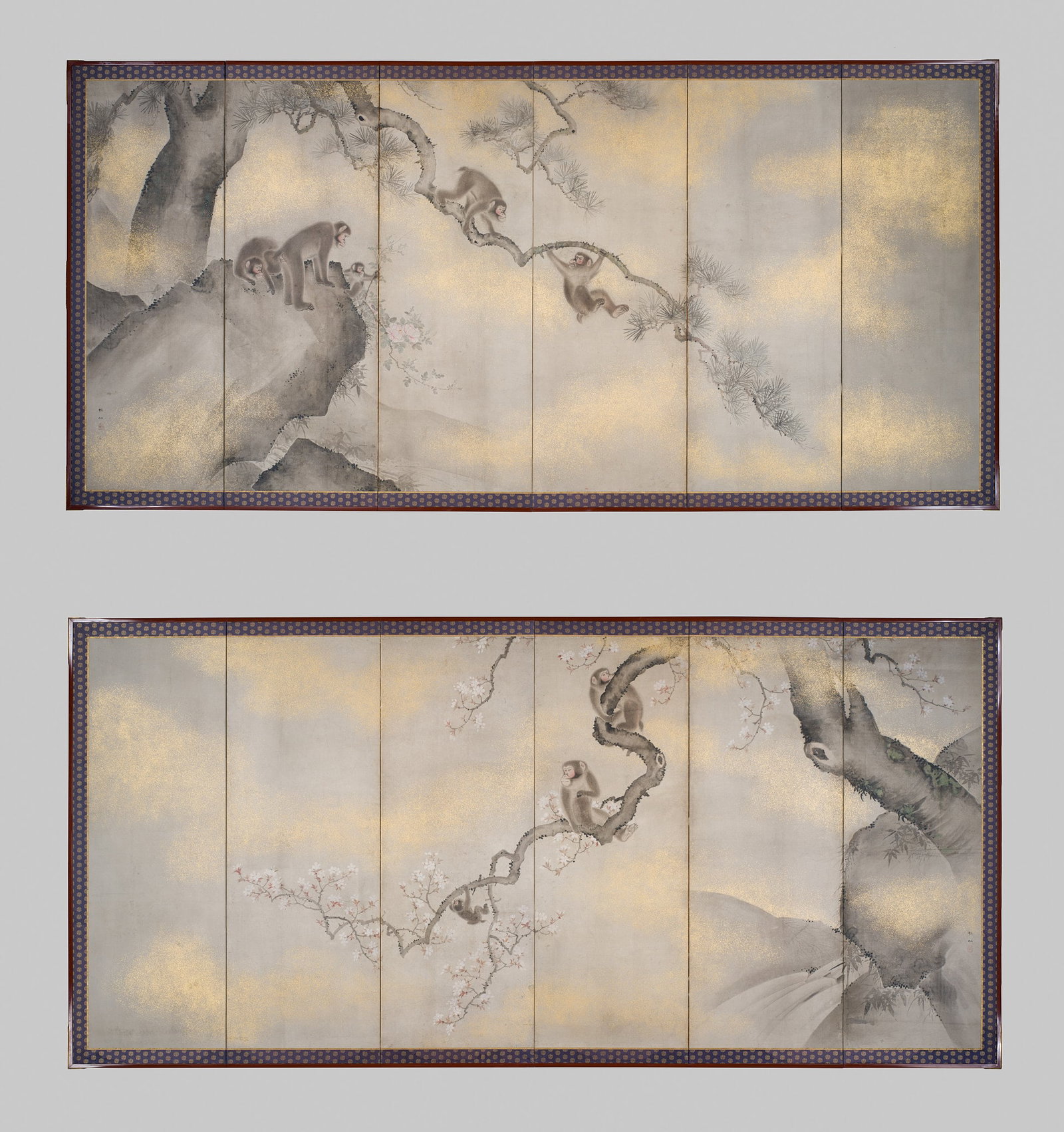 MORI SOSEN: AN IMPRESSIVE AND VERY FINE PAIR OF SIX-PANEL 'MONKEYS' BYOBU (FOLDING SCREENS): MORI SOSEN: AN IMPRESSIVE AND VERY FINE PAIR OF SIX-PANEL 'MONKEYS' BYOBU (FOLDING SCREENS) By Mori Sosen (1747-1821), signed Sosen with seal Morikata Japan, late 18th-early 19th century, Edo period (