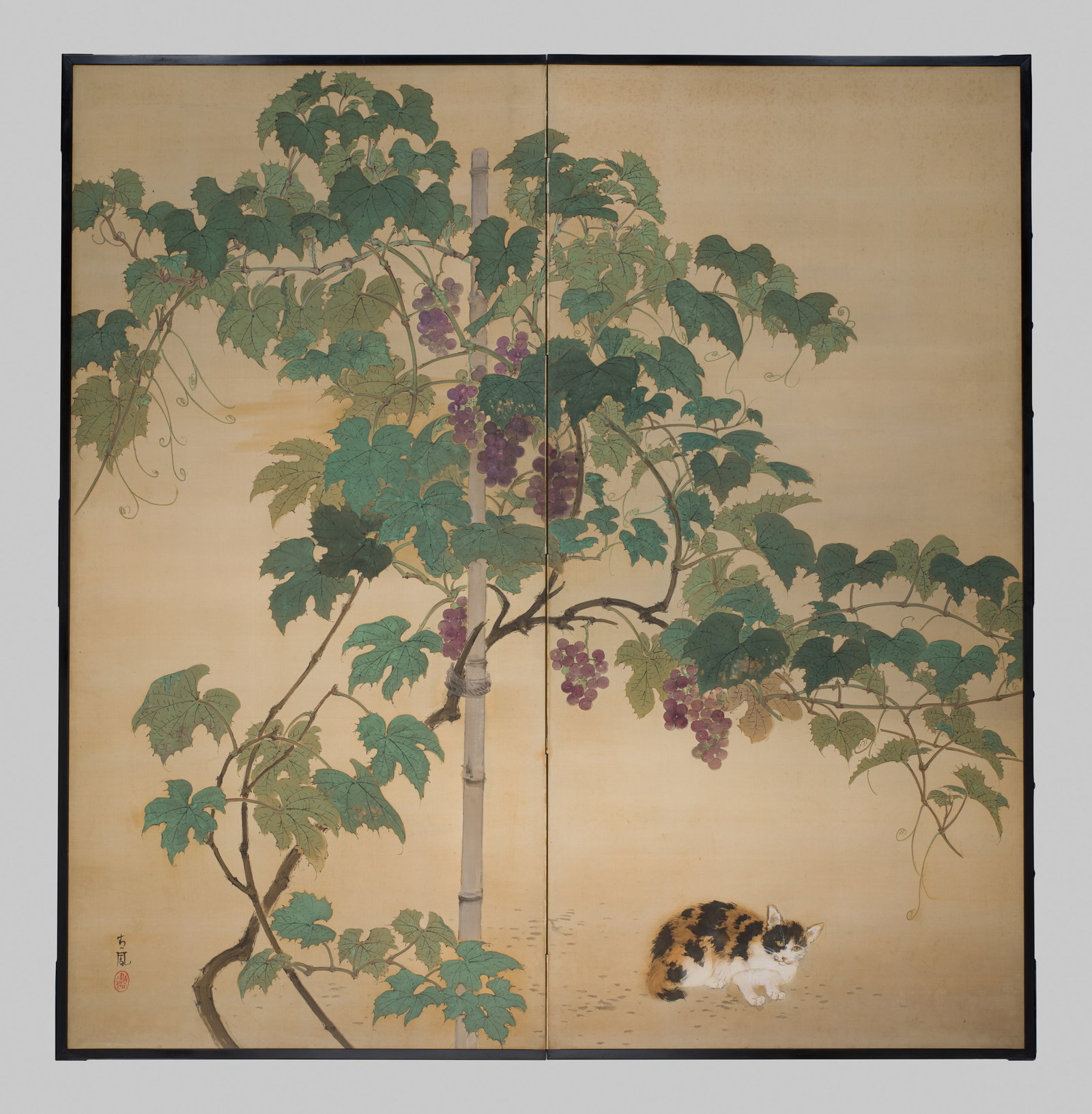 MOCHIZUKI SEIHO: A CHARMING TWO-PANEL 'CAT UNDER GRAPEVINE' BYOBU (FOLDING SCREEN): MOCHIZUKI SEIHO: A CHARMING TWO-PANEL 'CAT UNDER GRAPEVINE' BYOBU (FOLDING SCREEN) By Mochizuki Seiho (1846-1915), signed Seiho and seal Seiho […] in Japan, Meiji (1868-1912) to Taisho era (1912