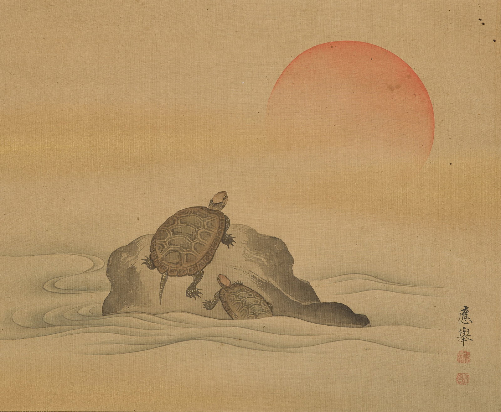 A FINE OKYO SCHOOL SCROLL PAINTING OF TURTLES BASKING UNDER THE RISING SUN: A FINE OKYO SCHOOL SCROLL PAINTING OF TURTLES BASKING UNDER THE RISING SUN By a member of the Maruyama Okyo school, signed Okyo with seal mark Okyo and Chusen Japan, late 18th century, Edo period (161
